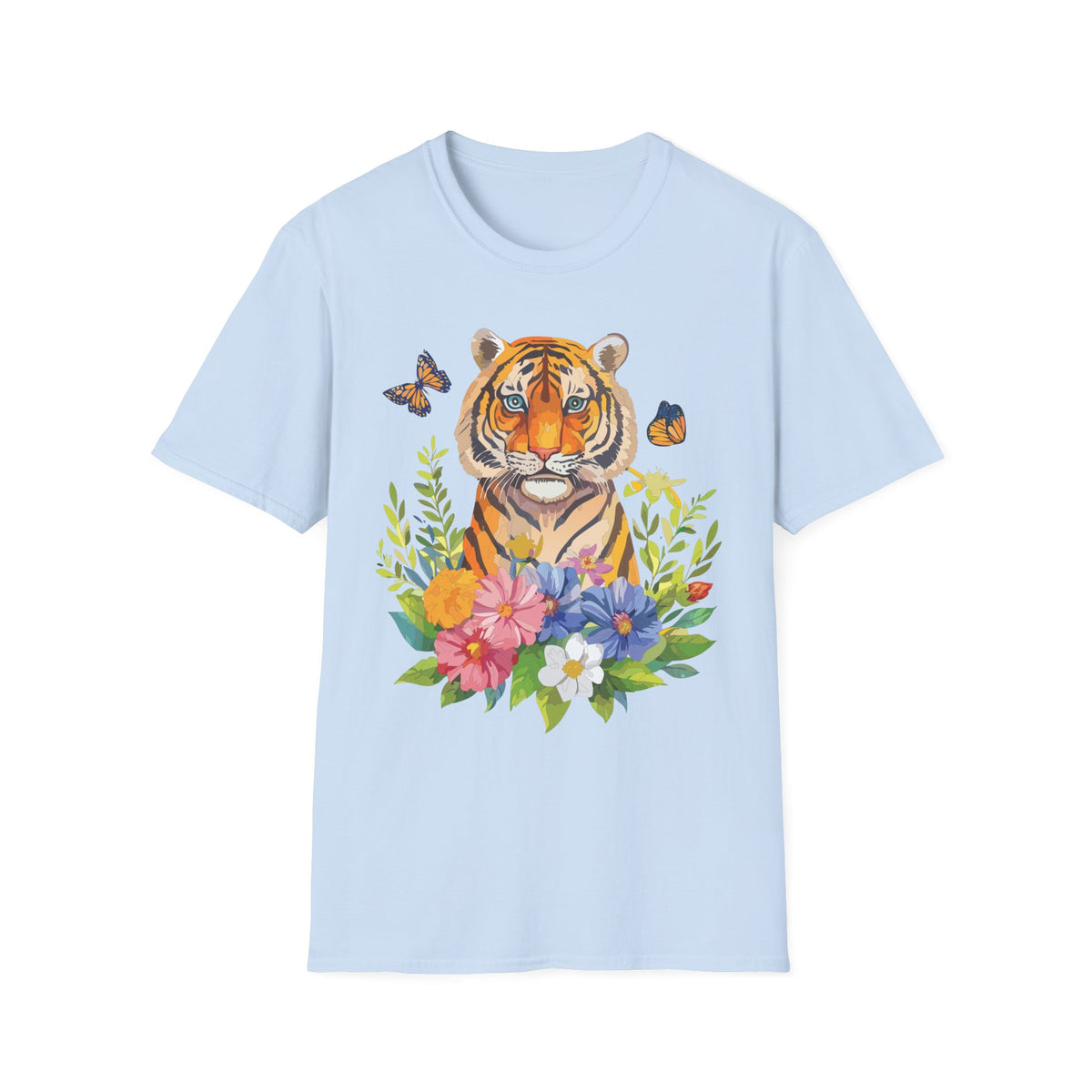 Tiger Portrait T-Shirt | Watercolor Tiger with Butterflies and Floral Accents