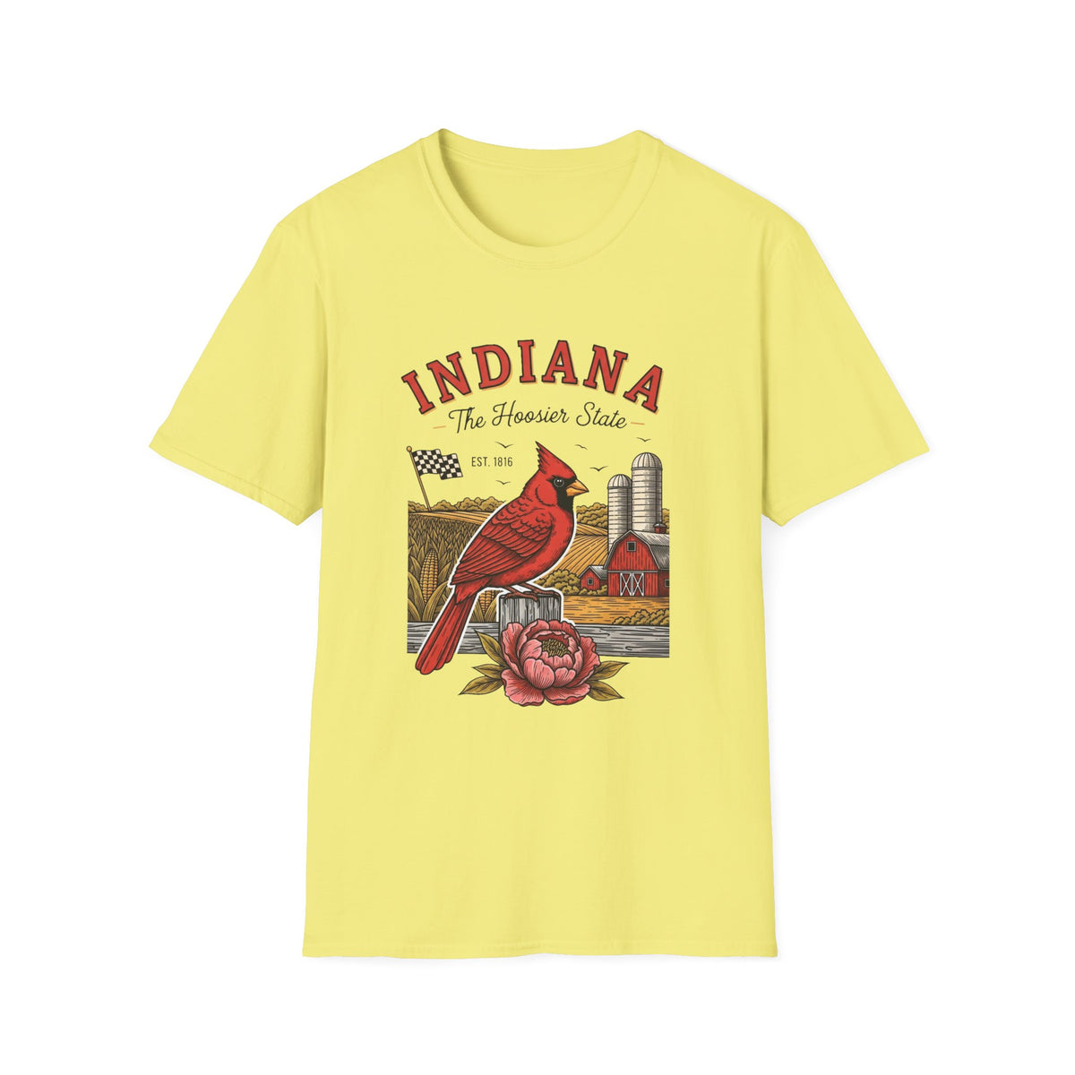 Indiana Cardinal Bird Farm Tee — Indiana The Hoosier State Graphic Travel Tourist Graphic Design Unisex 100 Cotton Gildan T-Shirt
