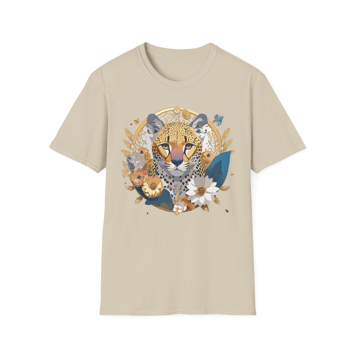 Floral Cheetah Portrait T-Shirt | Leopard Face Botanical Tee