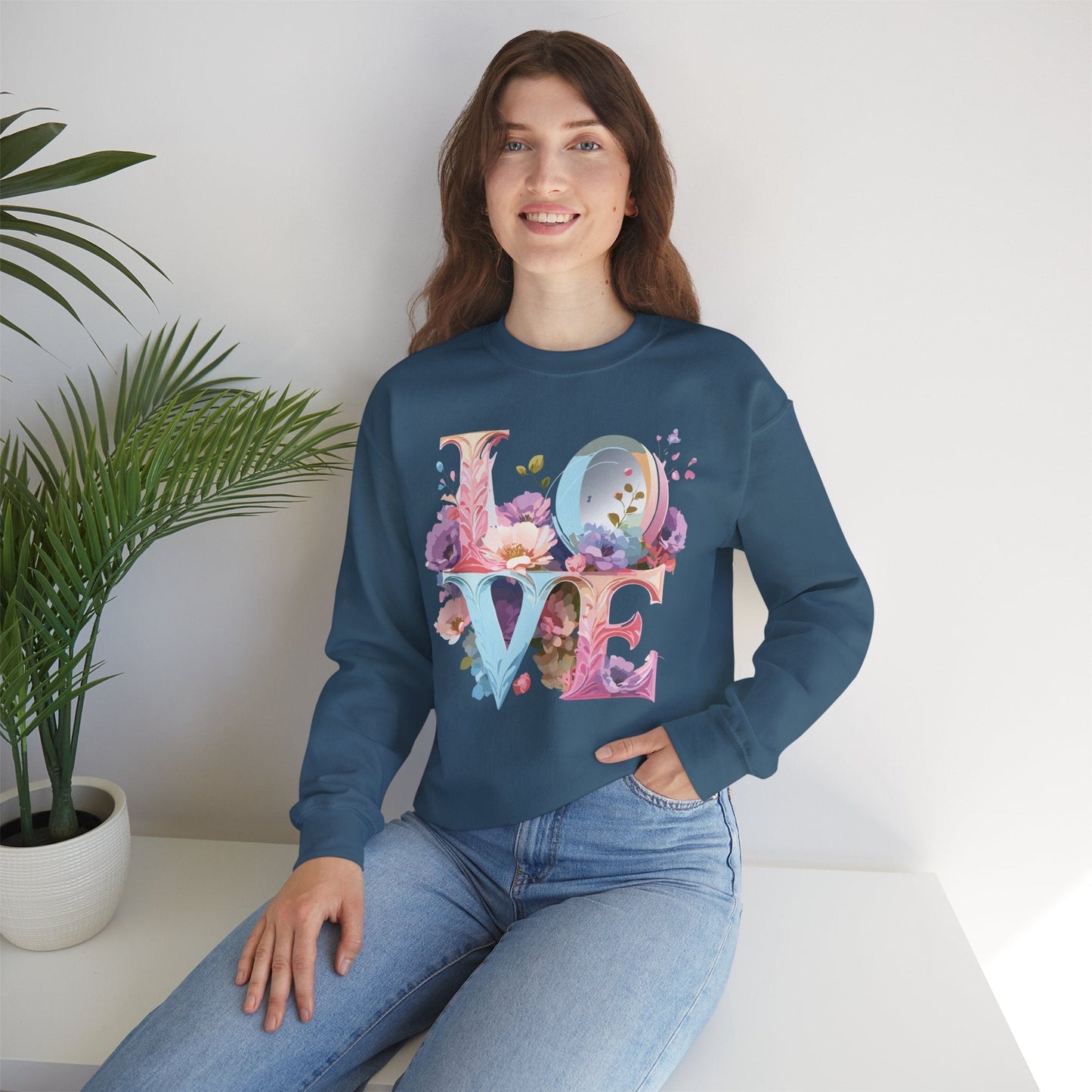Floral Love Sweatshirt Unisex Crewneck Fifty Fifty Cotton Polyester Valentine Gift