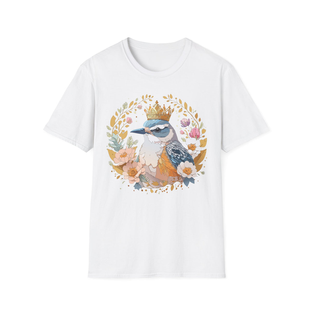 Crowned Bluebird Floral Illustration T-Shirt | Whimsical Bird Art