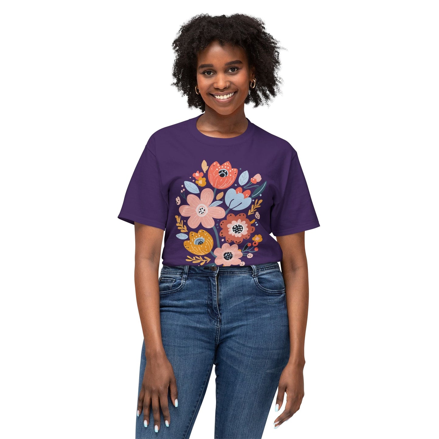 Unisex Floral Art T Shirt with Vintage Flowers Print One Hundred Percent Cotton Tee Printed In USA