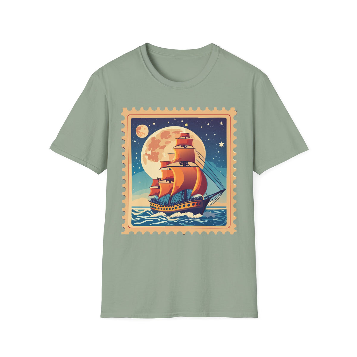 Vintage Sailing Ship T‑Shirt — Nautical Stamp Moonlight Travel Post Graphic Design Unisex 100 Cotton Gildan T-Shirt