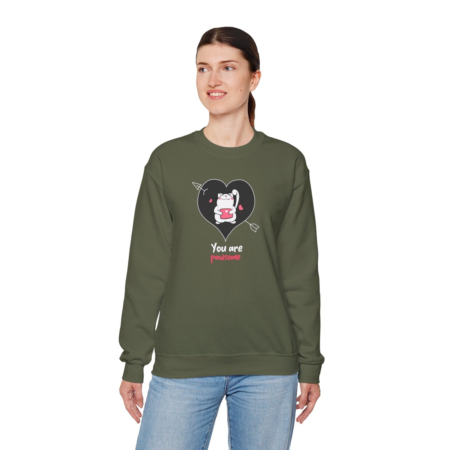 Cat Heart Sweatshirt Unisex Valentines Day Fifty Fifty Cotton Poly Crewneck Gildan 18000
