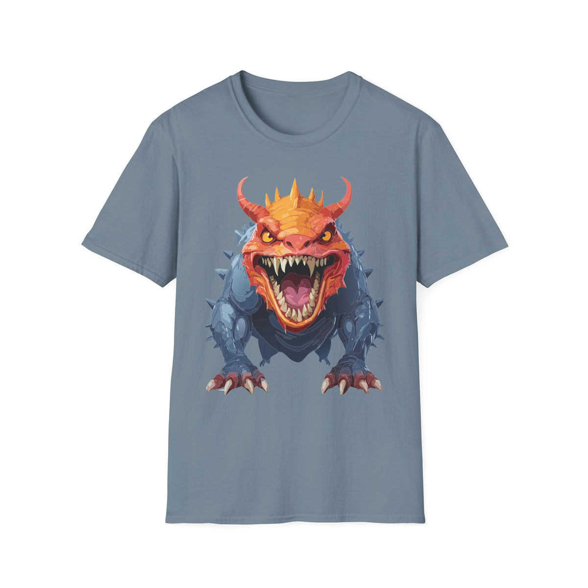 Dragon Monster T-Shirt — Fierce Orange & Blue Fantasy Creature Cartoon Graphic Tee Unisex 100 Cotton Gildan T-Shirt