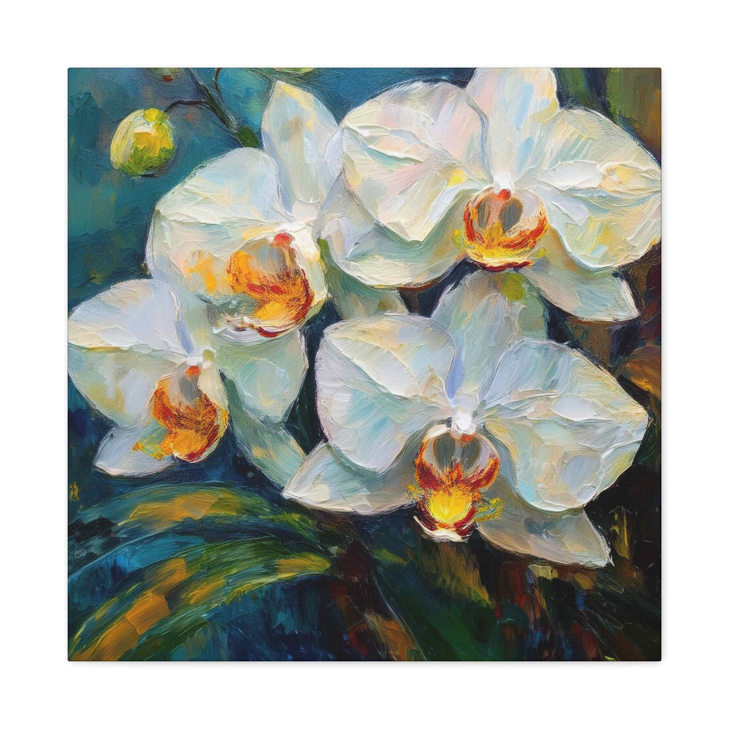 White Orchids Print Canvas, Floral Oil Paint Print 20x20, 24x24, 30x30, 32x32, 36x36 Art Design Pine-Wood Inner Frame MC-135