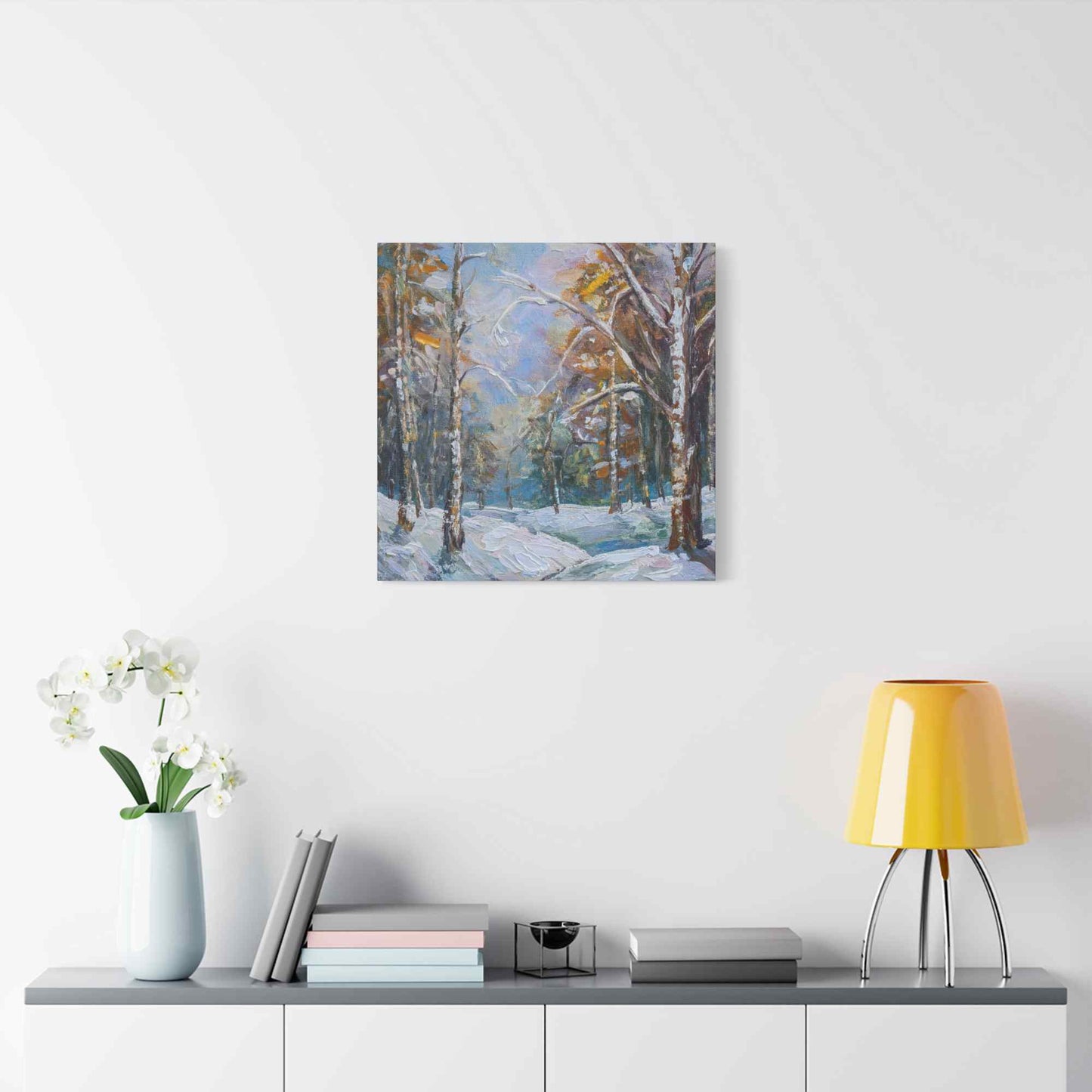 Snow Forest Print Canvas, Oil Paint Print 20x20, 24x24, 30x30, 32x32, 36x36 Art Design Print Pine-Wood Inner Frame MC-80