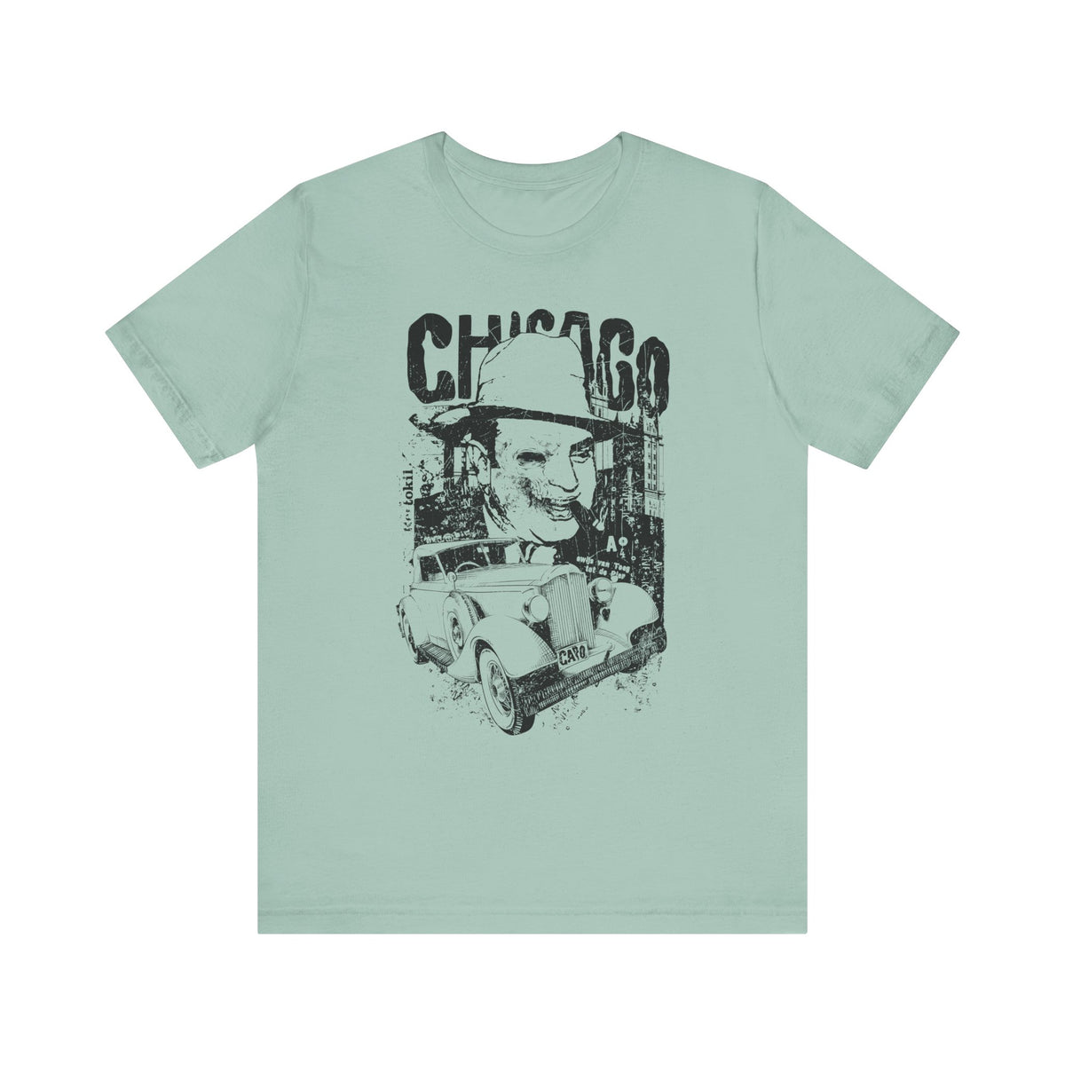 Chicago Retro Mobster Illustration Tee Vintage Car Cityscape Art Design Unisex Cotton T-Shirt A-8