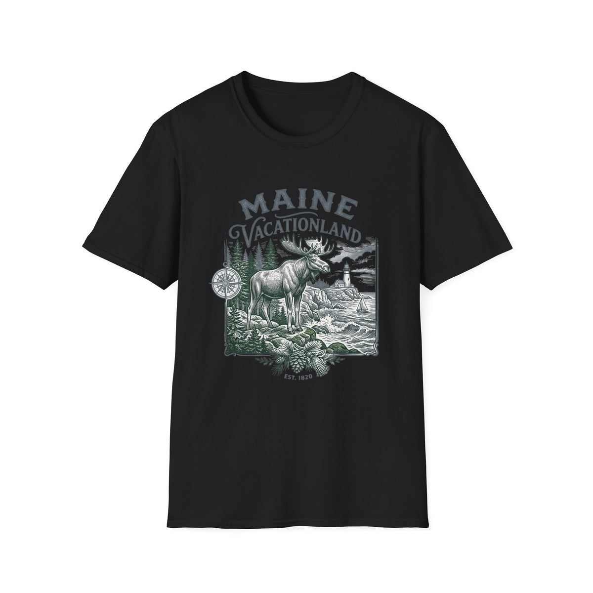 Maine Vacationland T-Shirt – Vintage Moose, Lighthouse State Travel Travel Tourist Graphic Design Unisex 100 Cotton Gildan T-Shirt