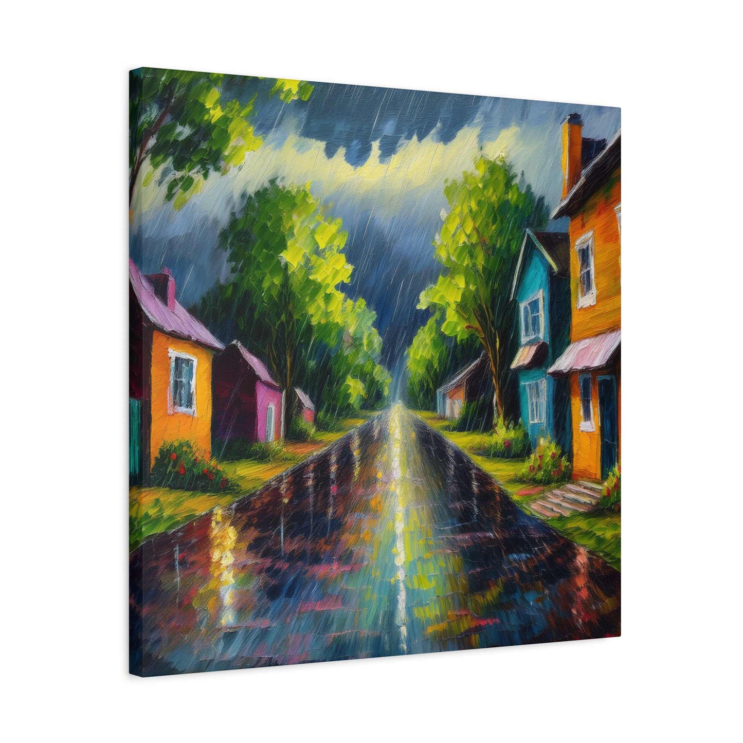 Rainy Village Street Canvas, Matte Oil Paint Print 20x20, 24x24, 30x30, 32x32, 36x36, Art Design Print Non-Frame MC-2