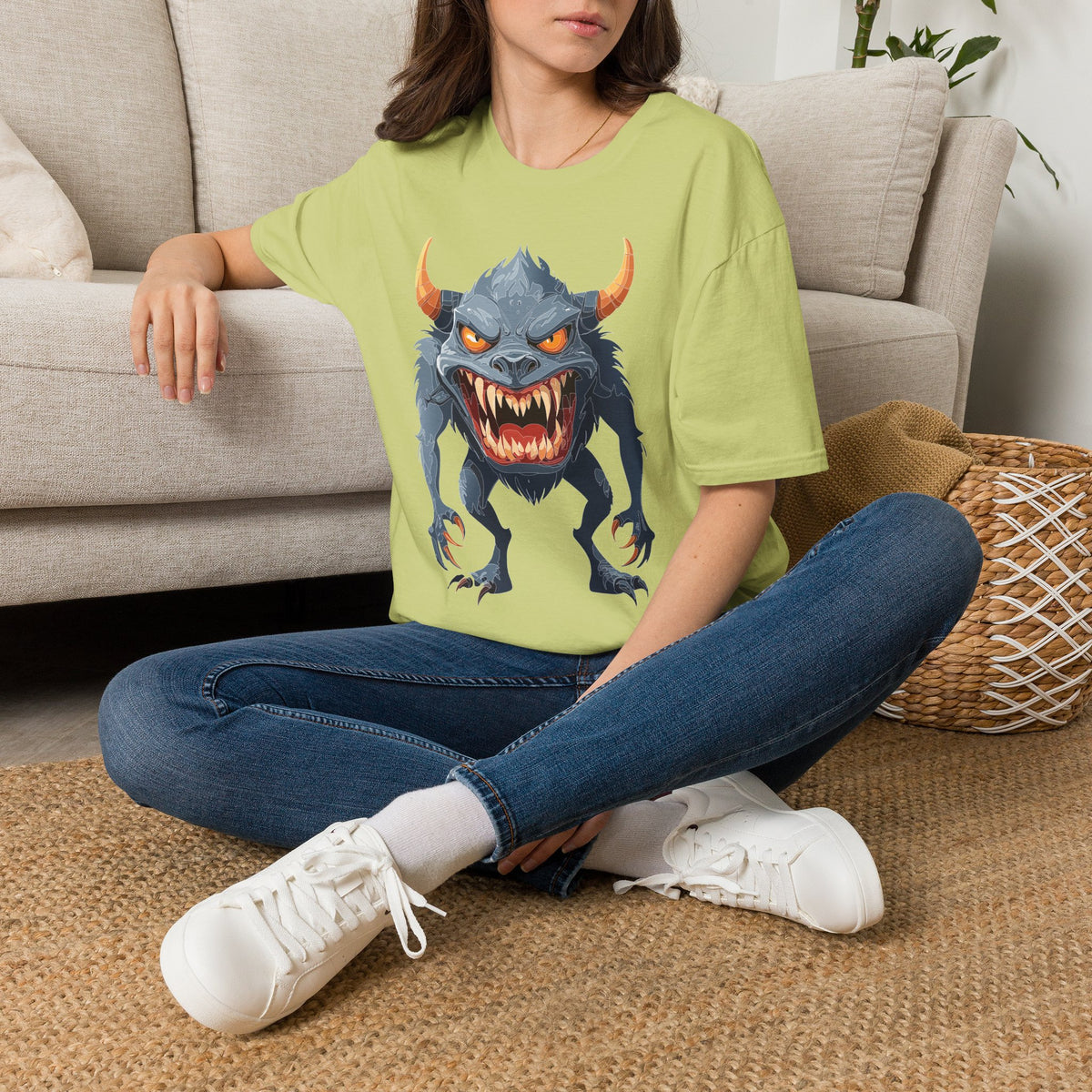 Demonic Monster Graphic T-Shirt — Fierce Horned Creature Cartoon Graphic Tee Unisex 100 Cotton Gildan T-Shirt