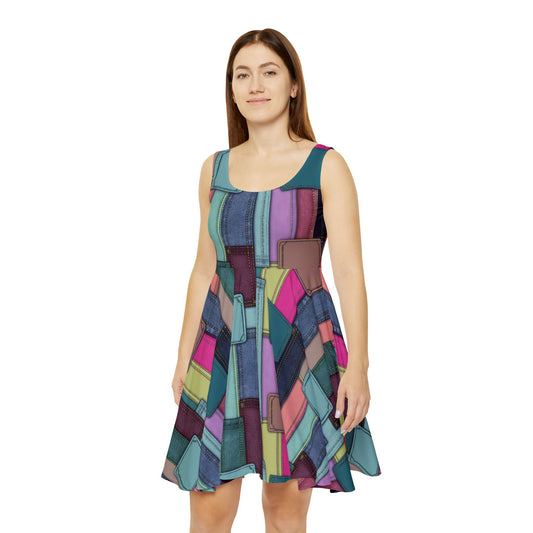 Women Denim Print Skater Dress, Denim Print Poly-Span Dress - 14