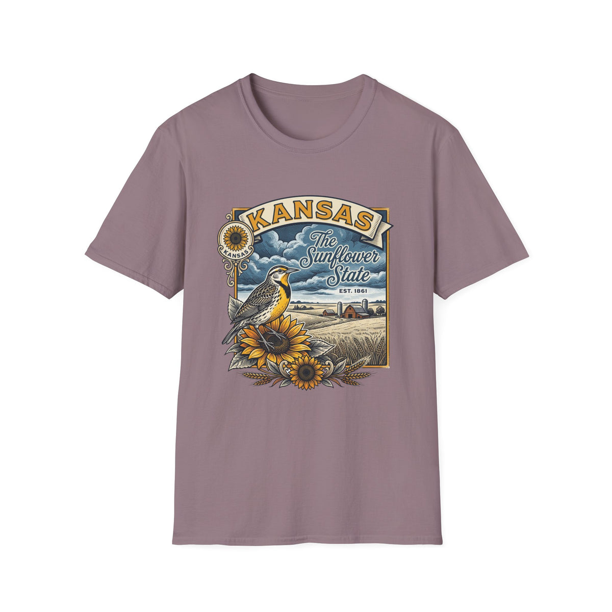 Kansas Sunflower State T-Shirt | Meadow Bird Vintage Travel Tourist Graphic Design Unisex 100 Cotton Gildan T-Shirt