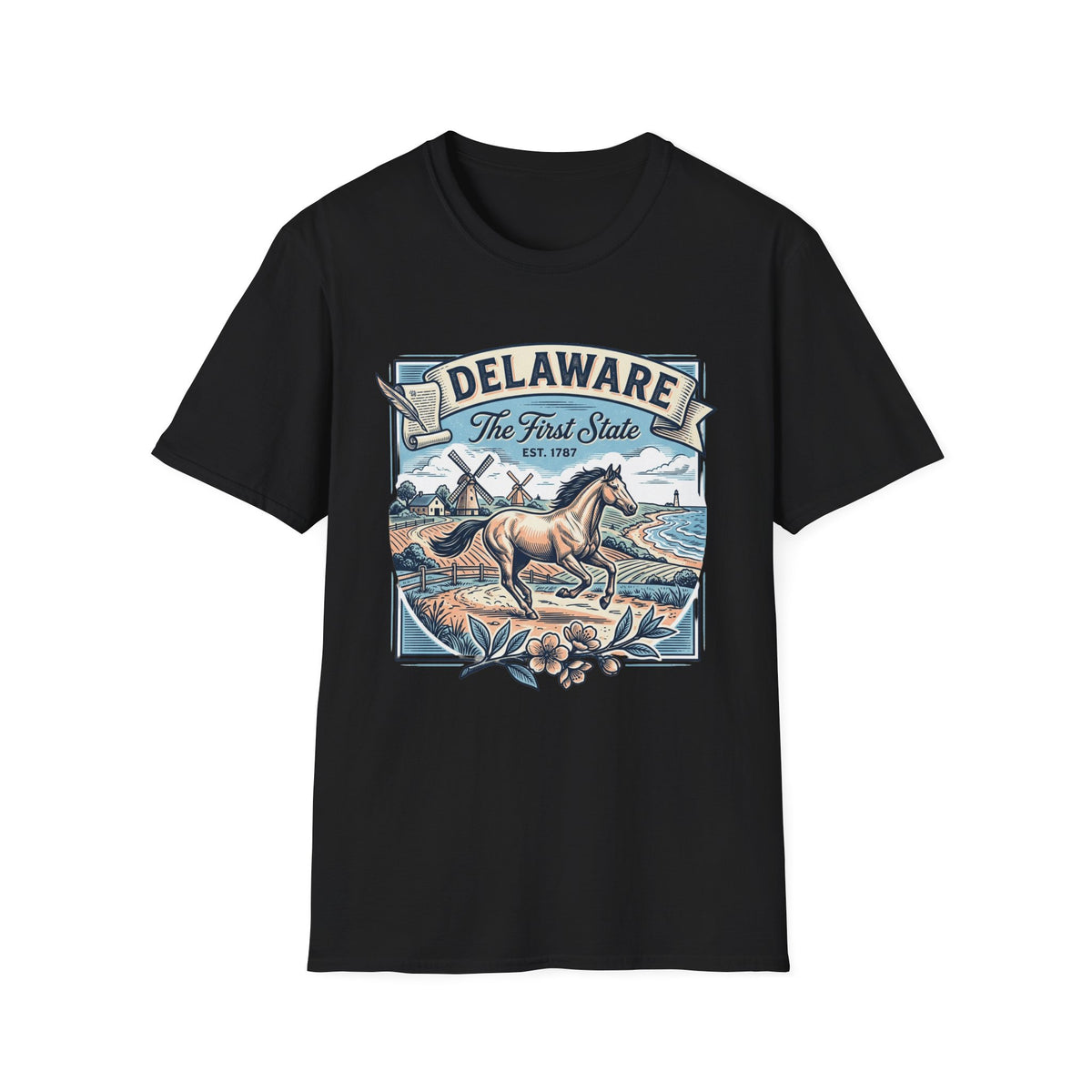 Delaware 'The First State' Scenic Travel Tourist Graphic Tee Unisex 100 Cotton Gildan T-Shirt