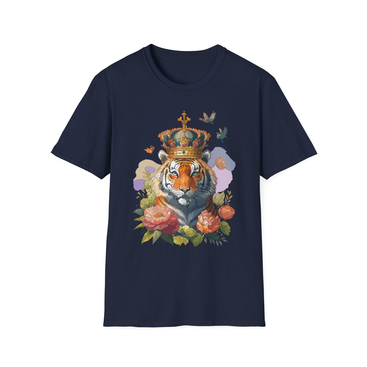 Crowned Tiger Illustration T-Shirt | Floral, Birds, Regal Wildlife Art - Unisex 100 Cotton Gildan 64000