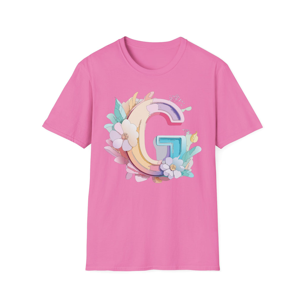 Floral Letter G T-Shirt | Monogram Initial Tee, Pastel Rainbow Blooms