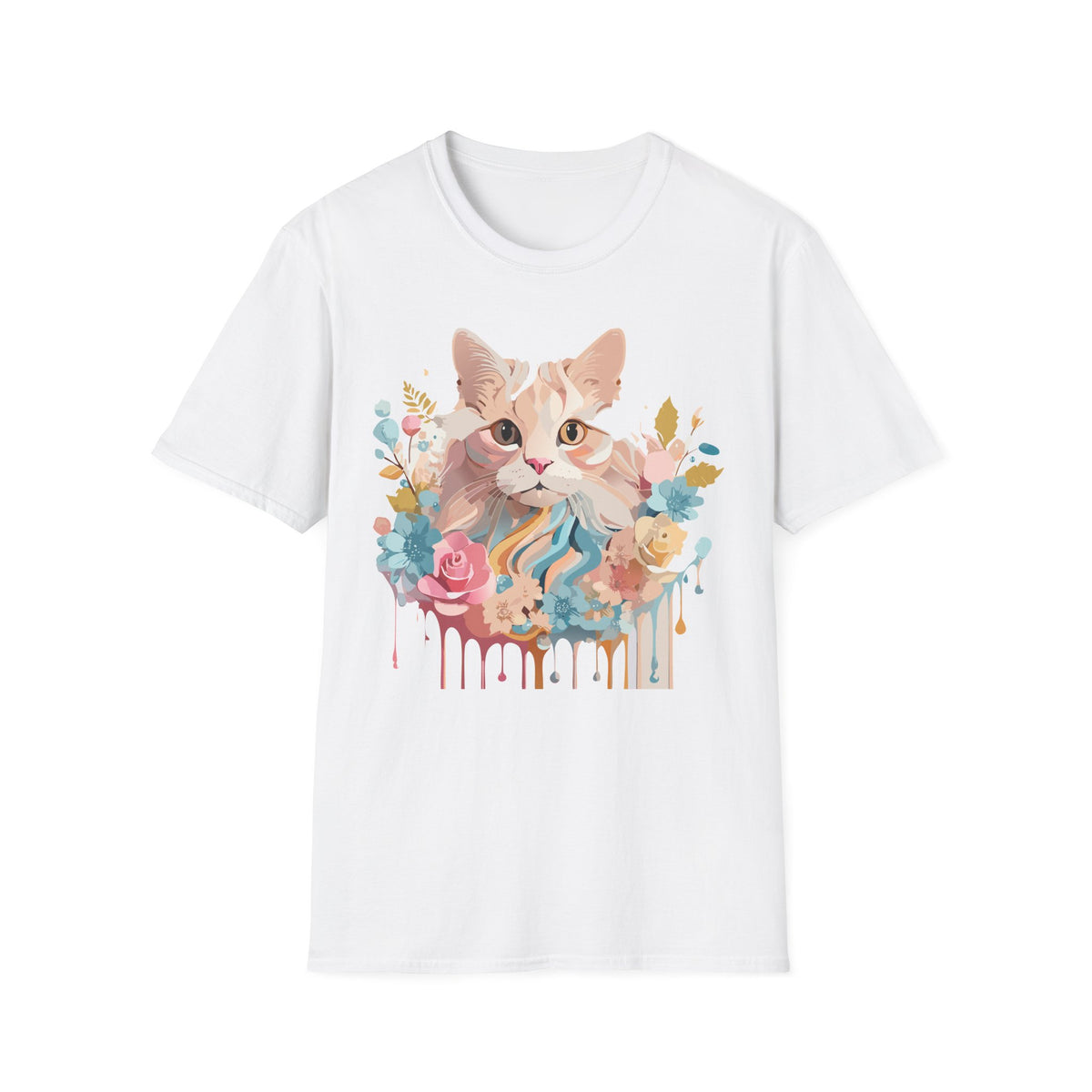 Pastel Floral Cat Portrait T-Shirt | Watercolor Kitten Tee