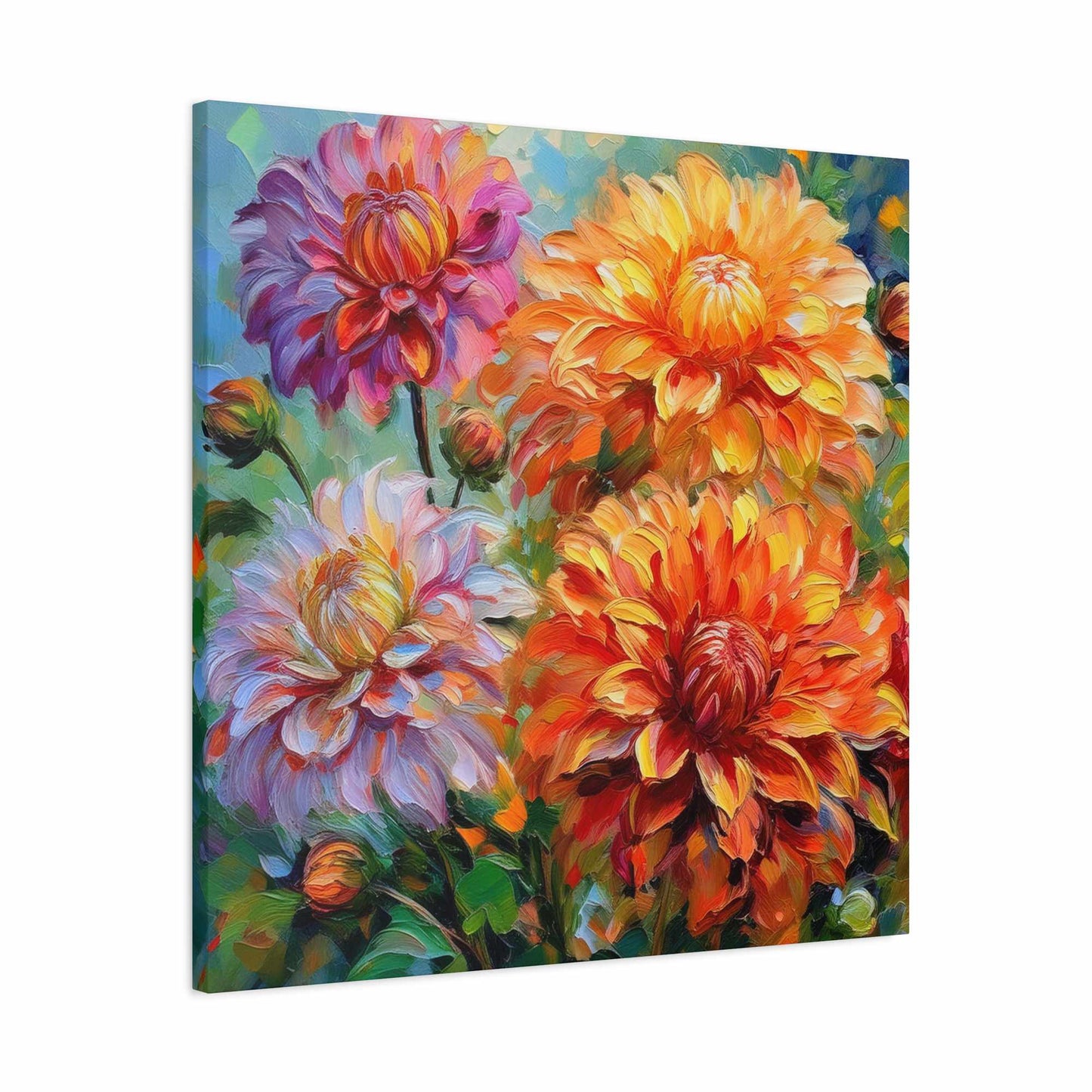Dahlias Floral Print Canvas, Floral Oil Paint Print 20x20, 24x24, 30x30, 32x32, 36x36 Art Design Pine-Wood Inner Frame MC-166