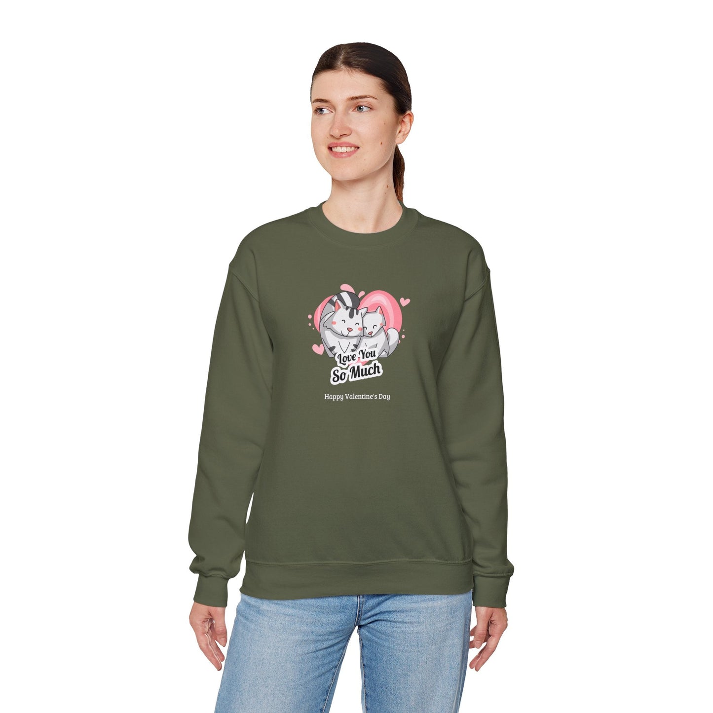 Cat Heart Sweatshirt Valentines Day Unisex 50 50 Cotton Poly Crewneck Gildan 18000