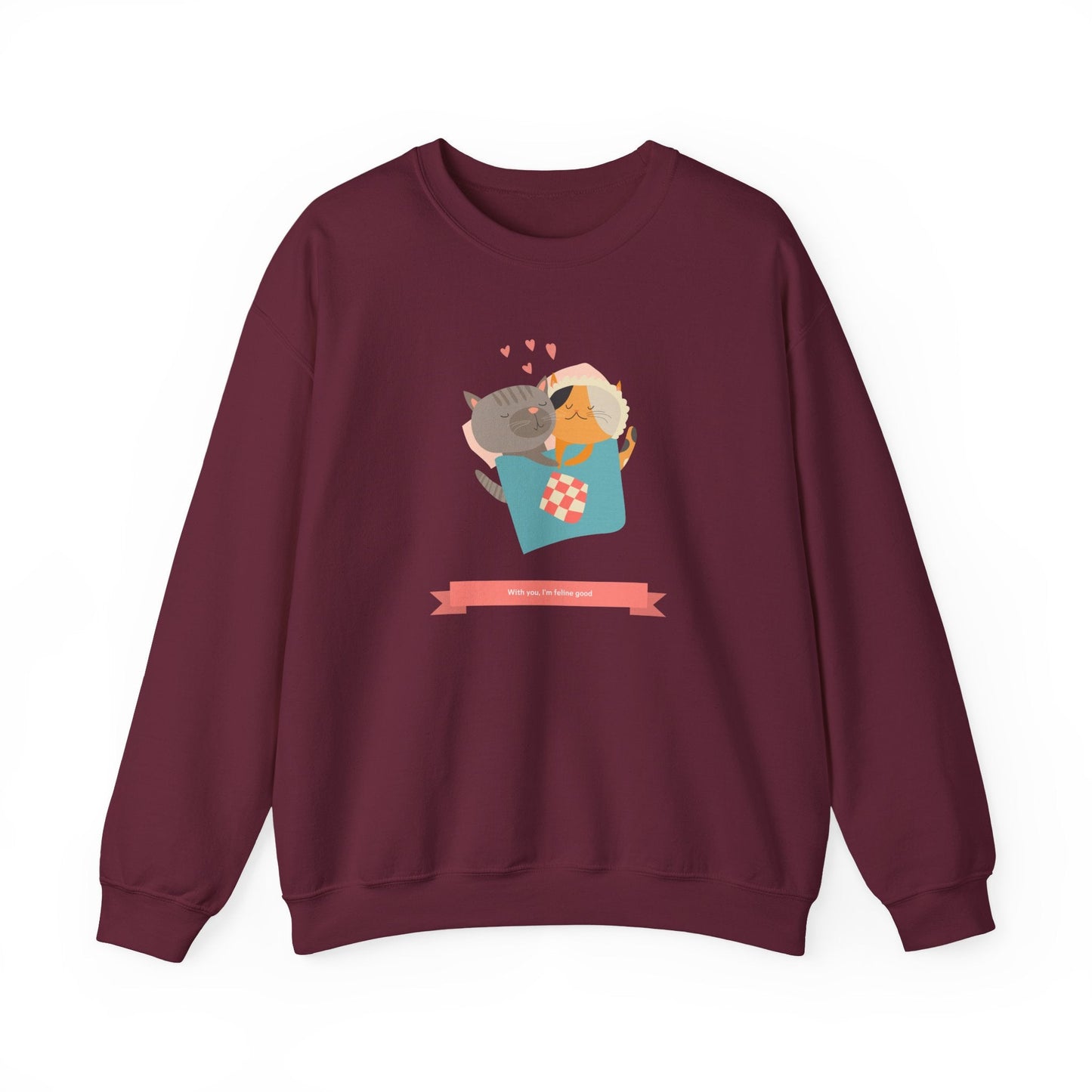 Cat Heart Sweatshirt Unisex Valentines Day 50 50 Cotton Poly Crewneck Gildan 18000