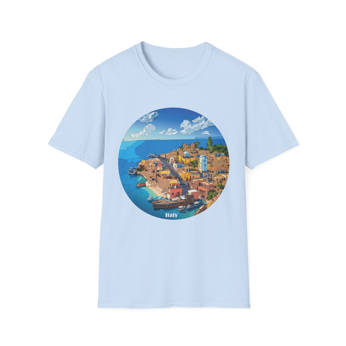Italy Mediterranean Coastal Village Illustration T-Shirt | Seaside Landscape Tee
