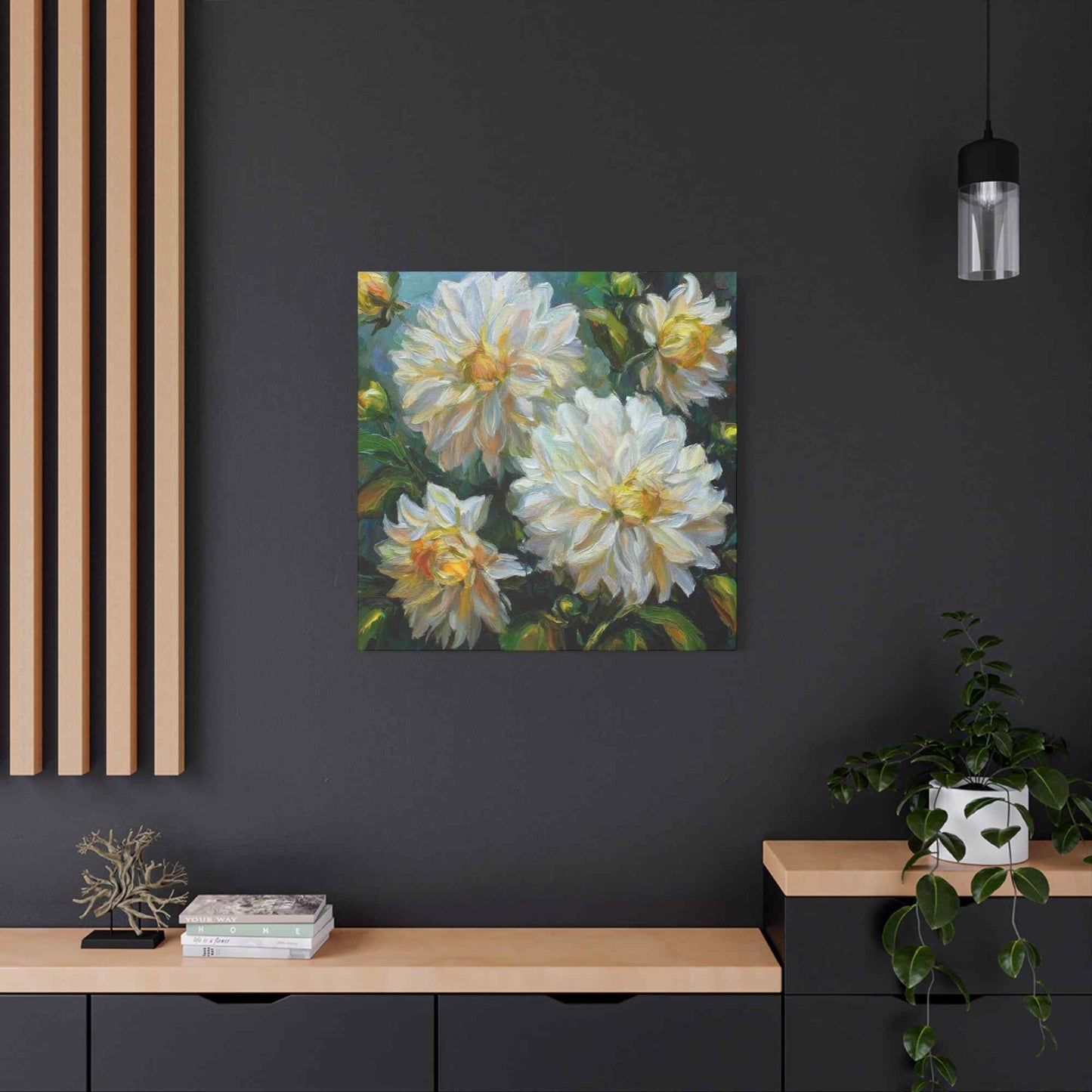 White Dahlias Print Canvas, Floral Oil Paint Print 20x20, 24x24, 30x30, 32x32, 36x36 Art Design Pine-Wood Inner Frame MC-169