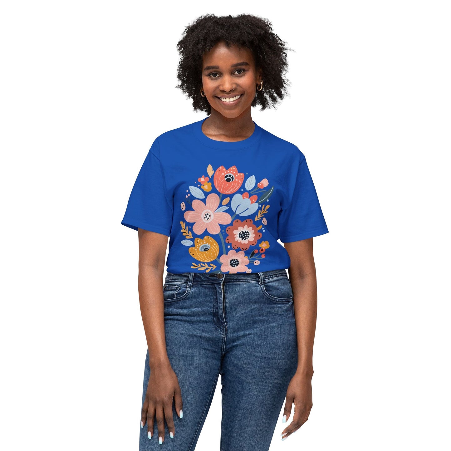 Unisex Floral Art T Shirt with Vintage Flowers Print One Hundred Percent Cotton Tee Printed In USA