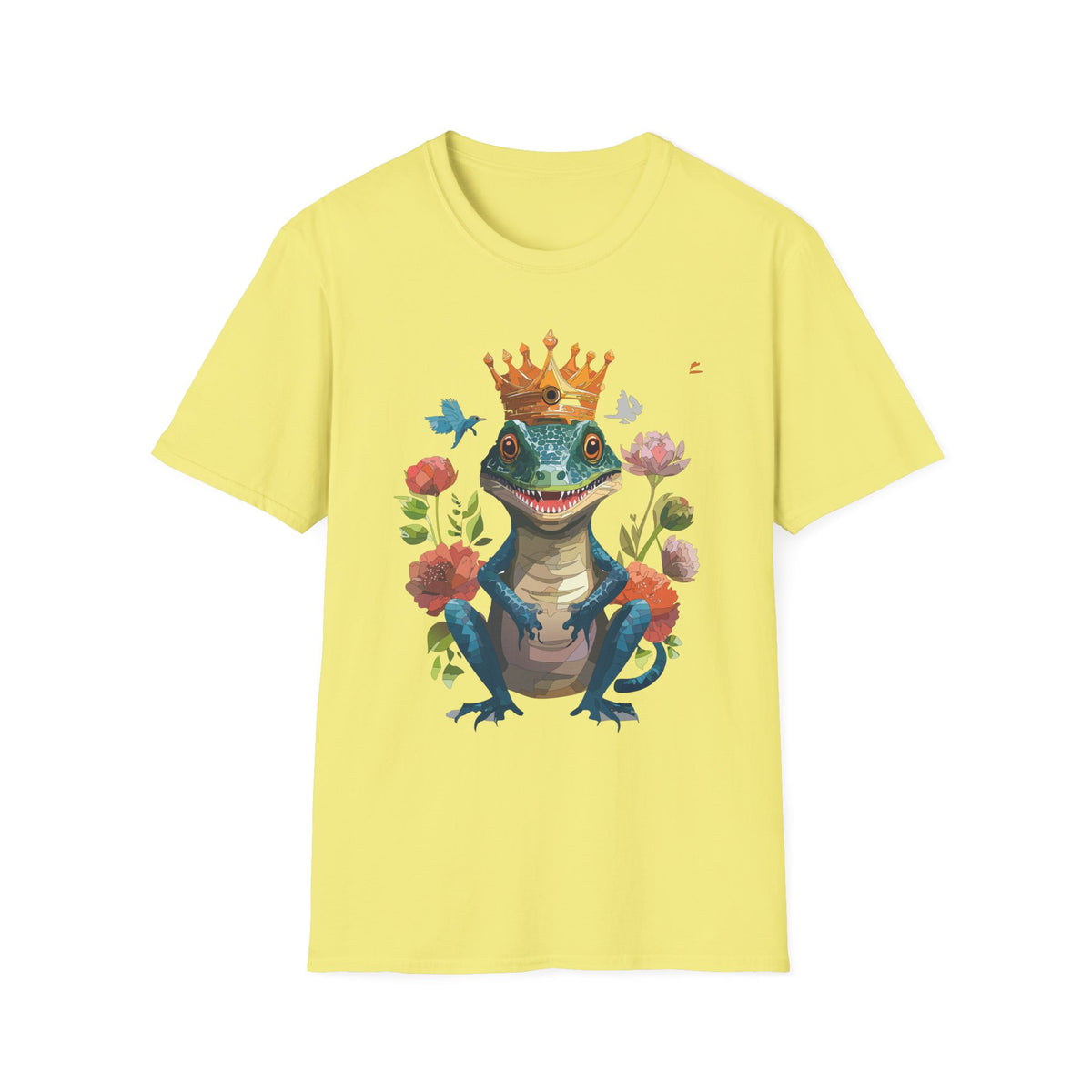 Crowned Lizard Illustration T-Shirt | Regal Gecko with Flowers
