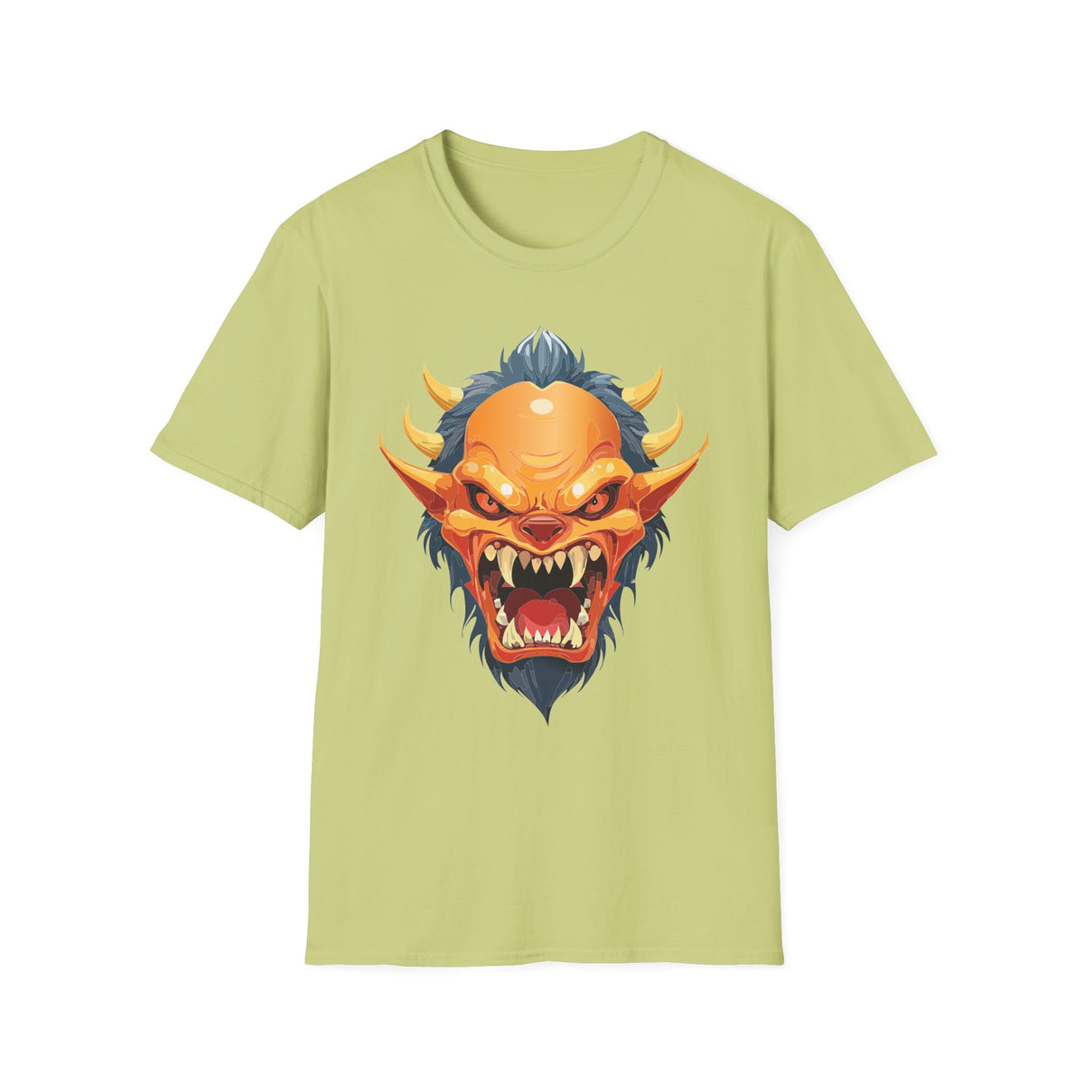Demonic Oni Mask T-Shirt — Fierce Japanese Demon Face Cartoon Graphic Tee Unisex 100 Cotton Gildan T-Shirt