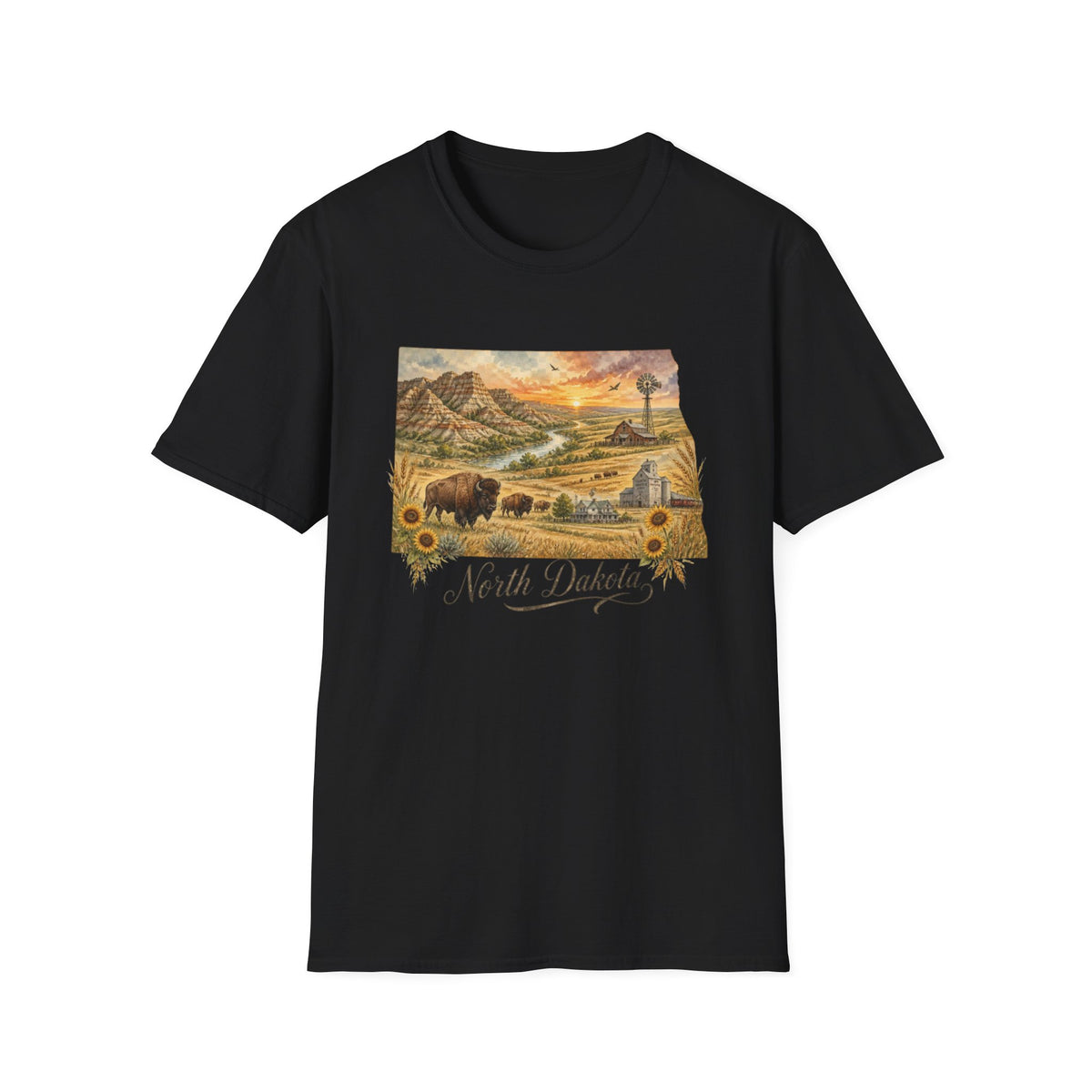 North Dakota State Travel Tourist Graphic Design Unisex 100 Cotton Gildan T-Shirt
