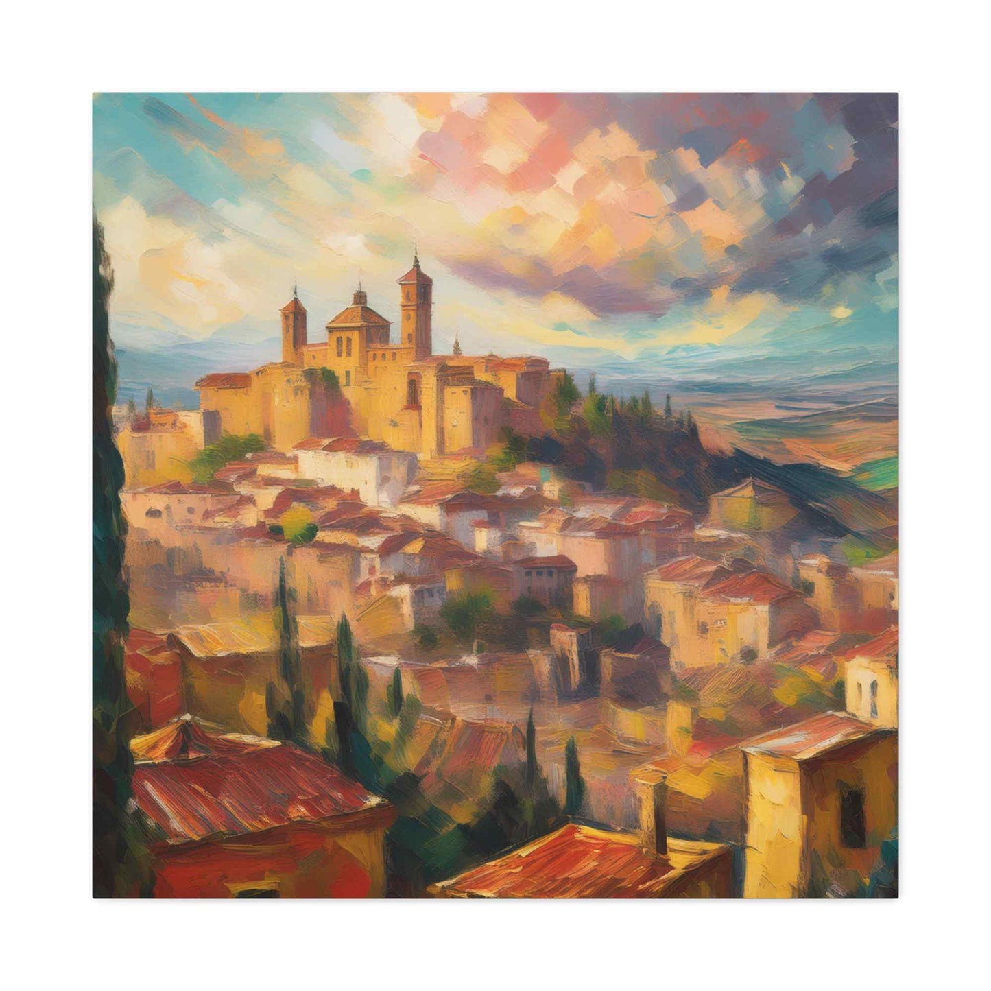 Spanish City Print Canvas, Oil Paint Print 20x20, 24x24, 30x30, 32x32, 36x36 Art Design Print Pine-Wood Inner Frame MC-58