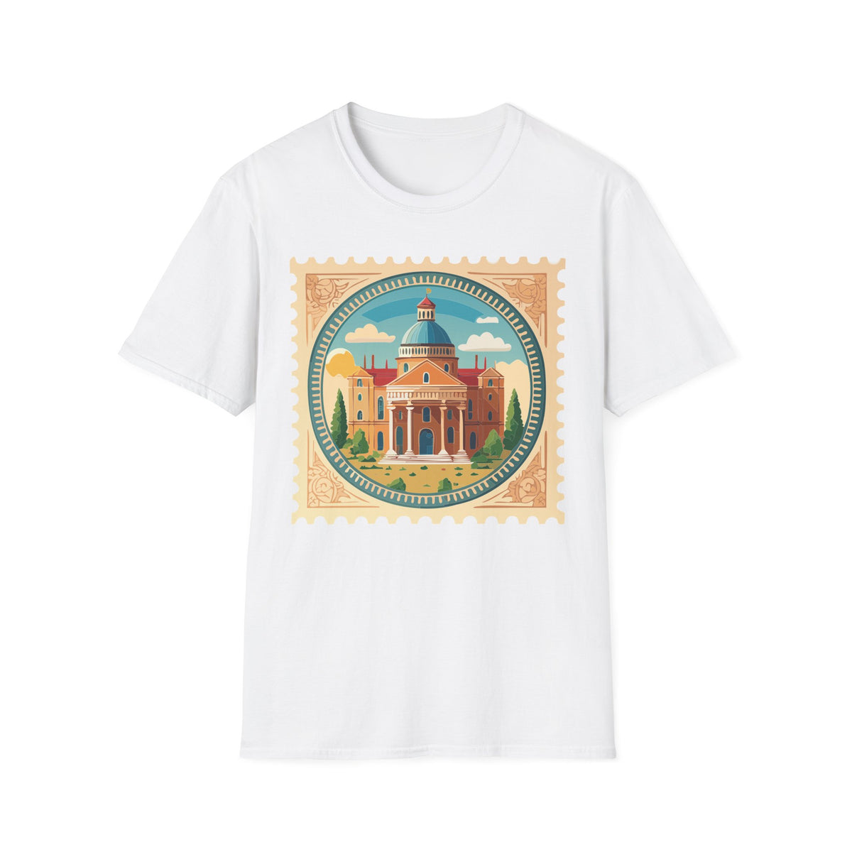 Vintage Postage Stamp Cityscape T-Shirt | Retro Basilica Graphic Tee Unisex 100 Cotton Gildan T-Shirt