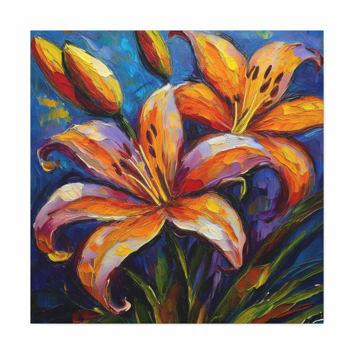 Gold Lilies Print Canvas, Floral Oil Paint Print 20x20, 24x24, 30x30, 32x32, 36x36 Art Design Pine-Wood Inner Frame MC-151