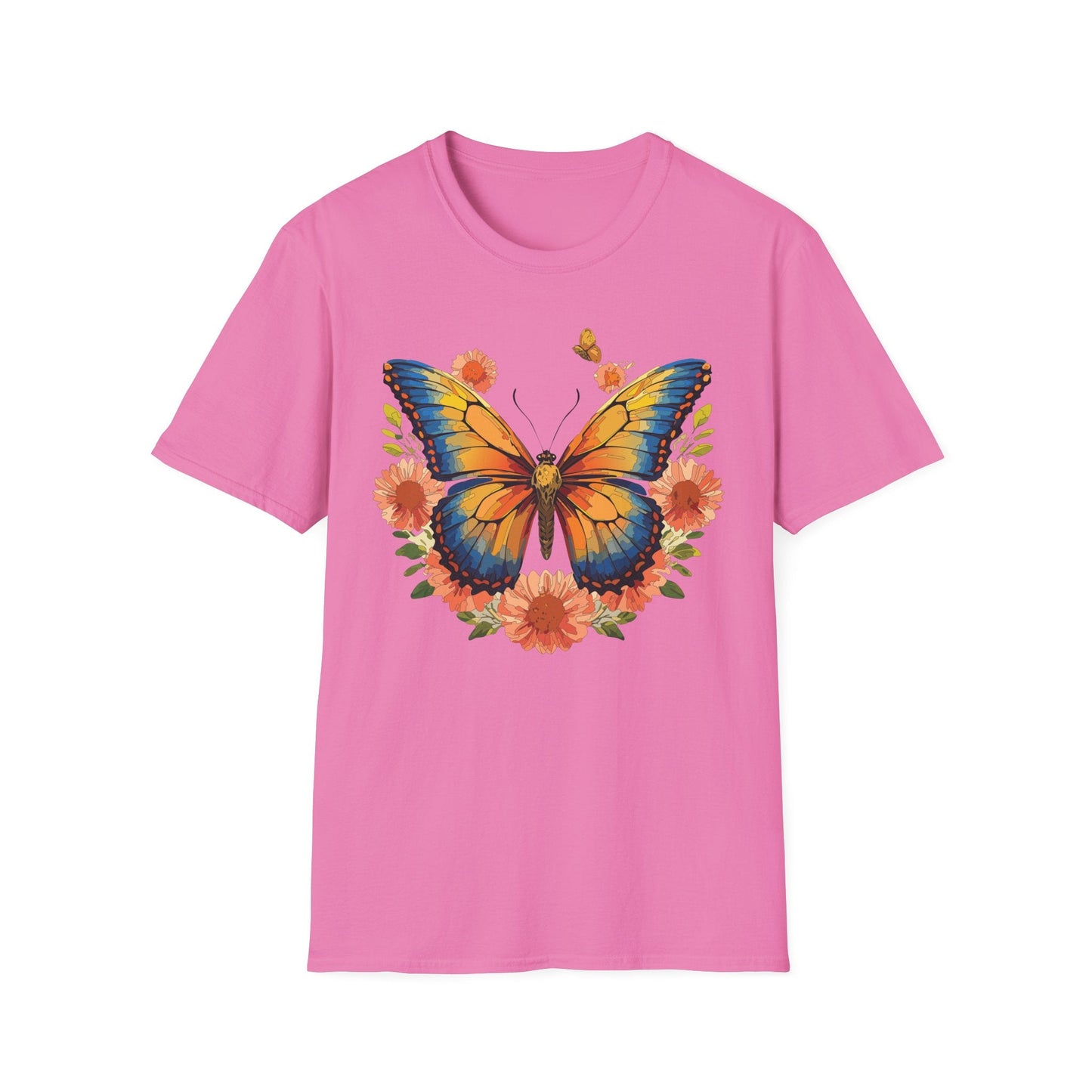 Butterfly T Shirt Unisex Softstyle Gildan 64000 Monarch Print 100 Percent Ring Spun Cotton