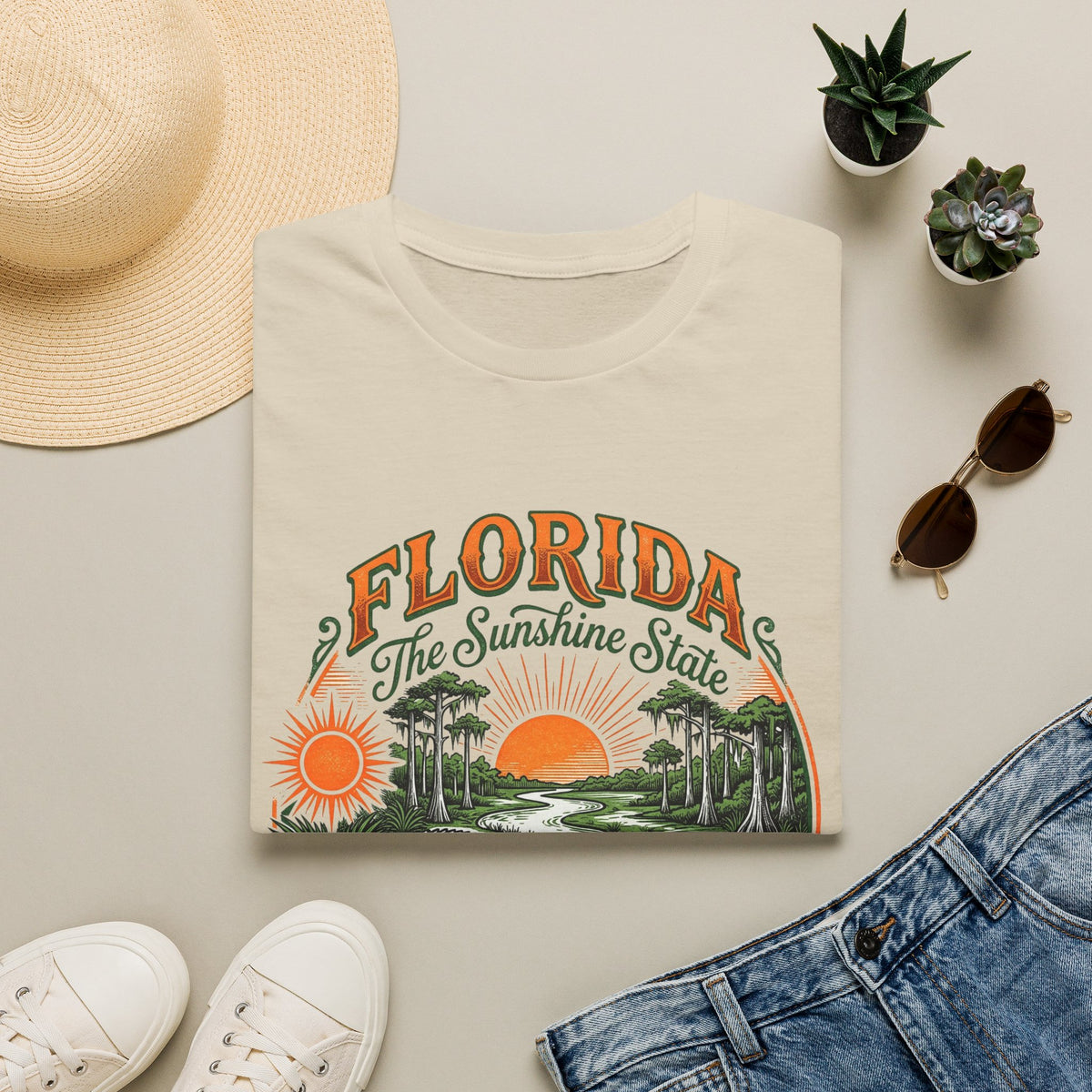 Florida The Sunshine State T-Shirt — Vintage Alligator Sunset Travel Tourist Graphic Design Unisex 100 Cotton Gildan T-Shirt