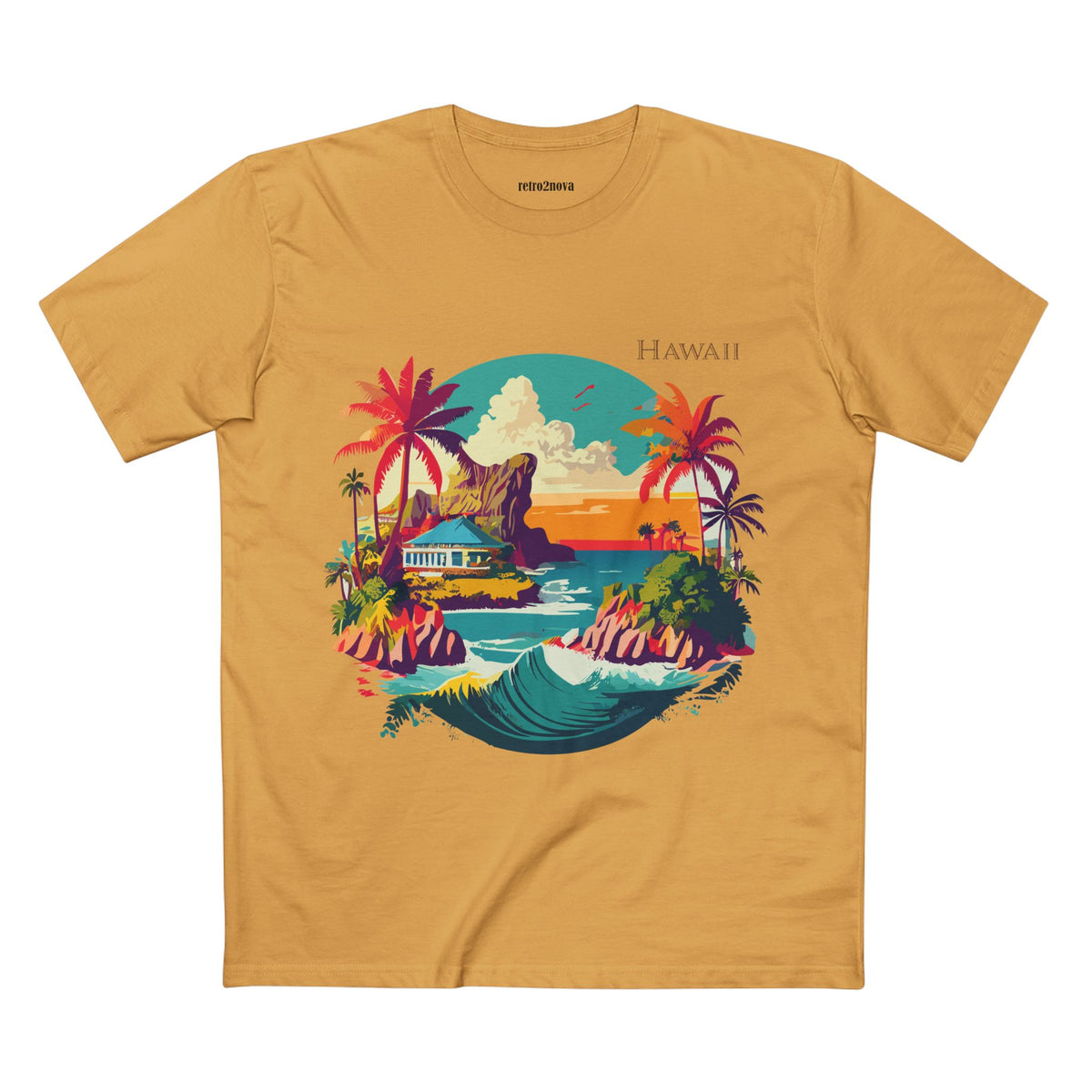 Hawaii Sunset Surf Scene T-Shirt | Tropical Beach Illustration