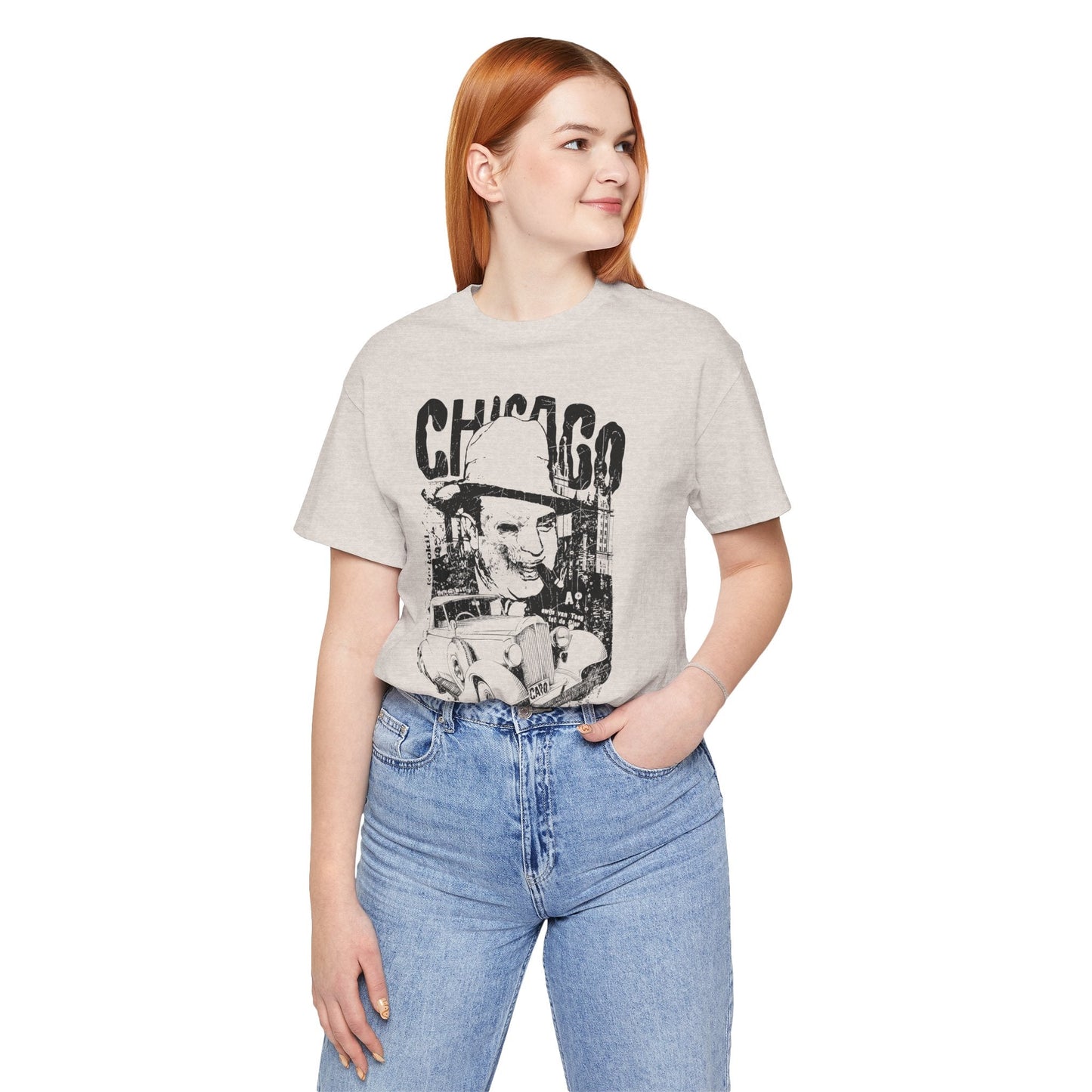 Chicago Retro Mobster Illustration Tee Vintage Car Cityscape Art Design T-Shirt A-8