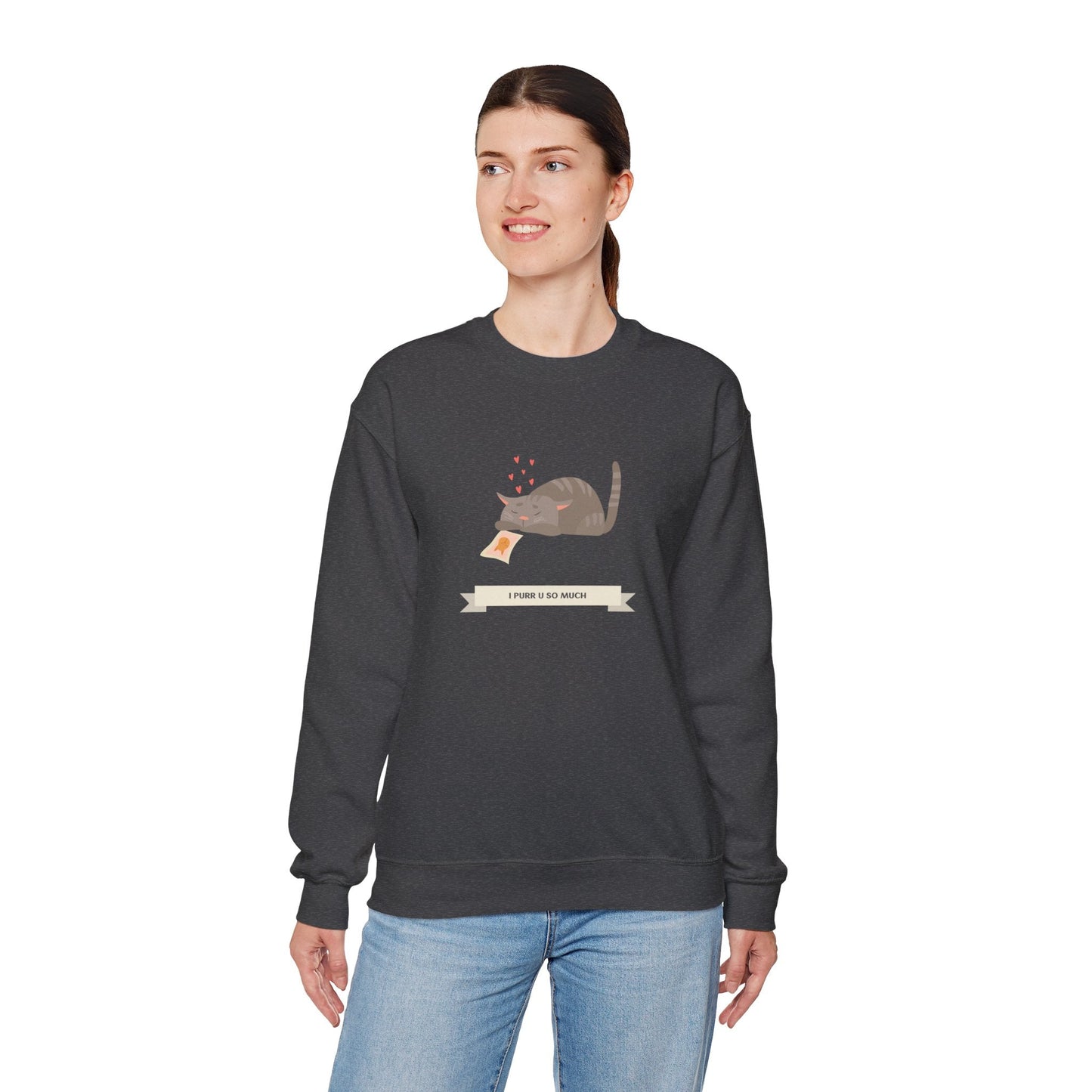 Cat Heart Sweatshirt Unisex 50/50 Cotton Poly Valentine Day Crewneck Gildan 18000