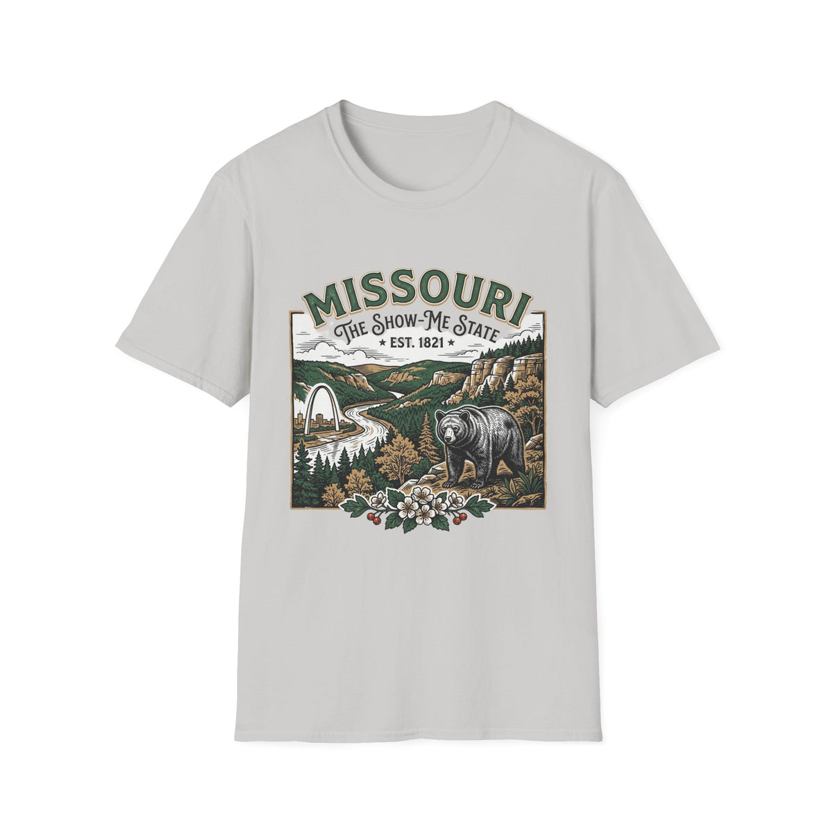 Missouri Vintage State Pride T-Shirt — State Scenic Bear Design Travel Tourist Graphic Design Unisex 100 Cotton Gildan T-Shirt
