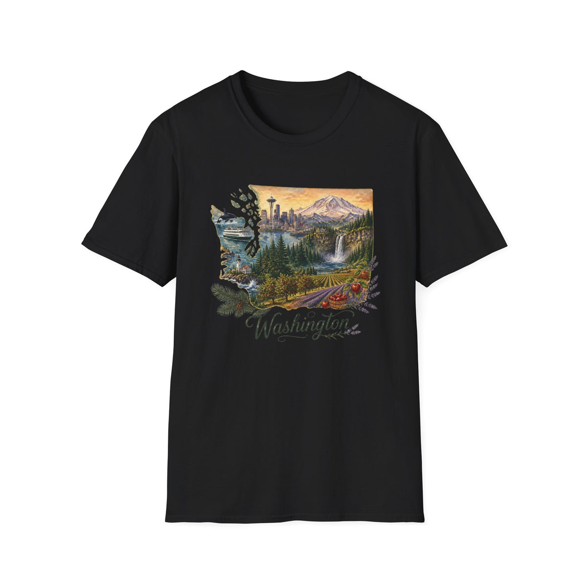 Washington Scenic T-Shirt — Vintage Mountain & Waterfall State Travel Tourist Graphic Design Unisex 100 Cotton Gildan T-Shirt