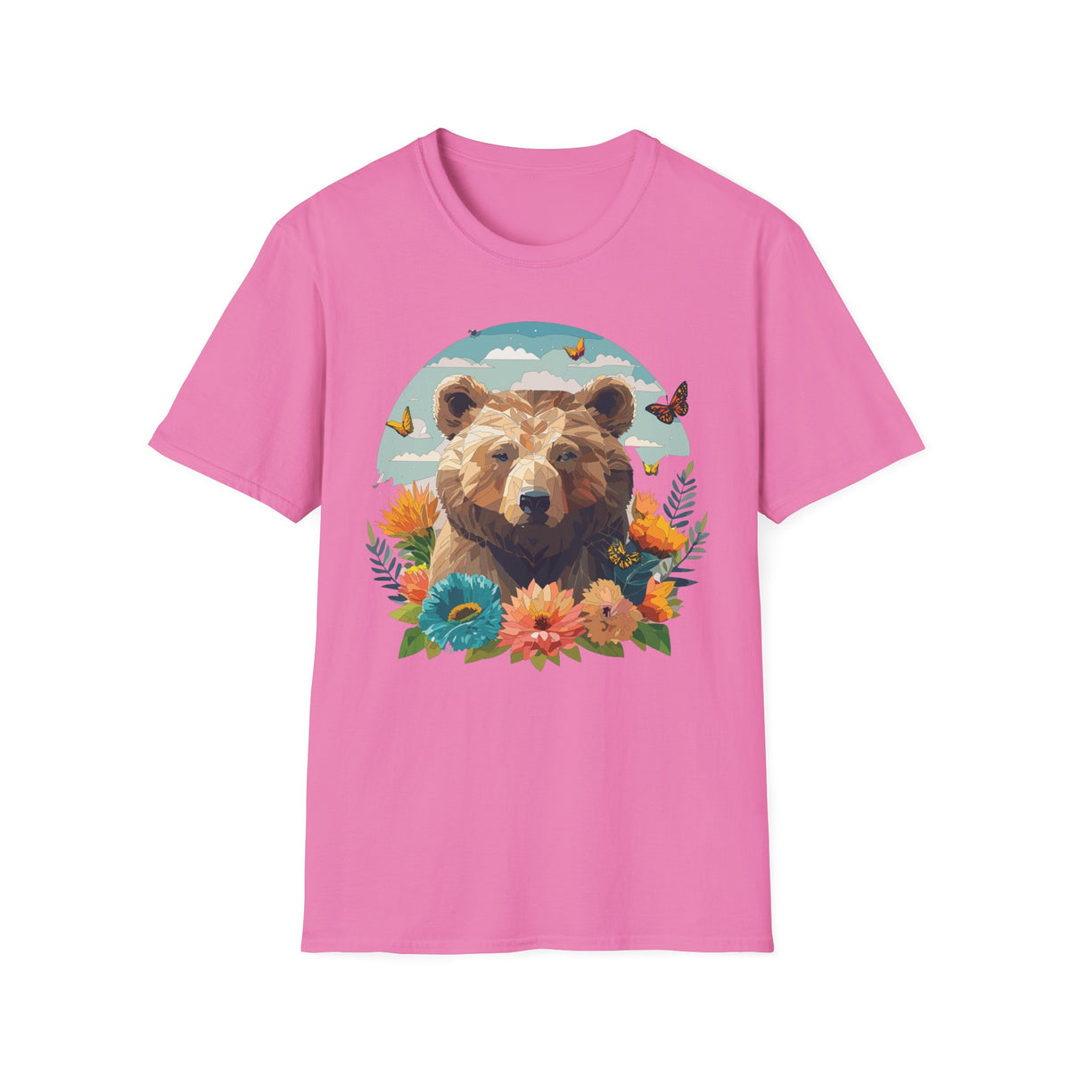 Brown Bear Illustration T-Shirt | Floral, Butterflies, Nature Scene Graphic Tee Unisex 100 Cotton Gildan T-Shirt