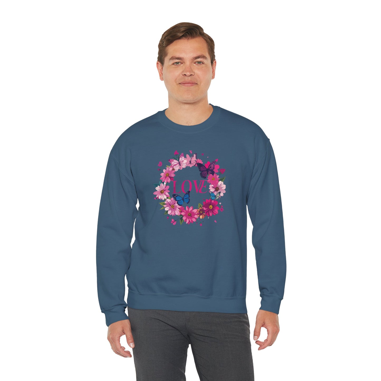 Unisex Floral Love Sweatshirt, Love Floral Sweatshirt, Floral Butterfly Sweatshirt, 50/50 Cotton-Poly Valentine's Day Sweatshirt 04