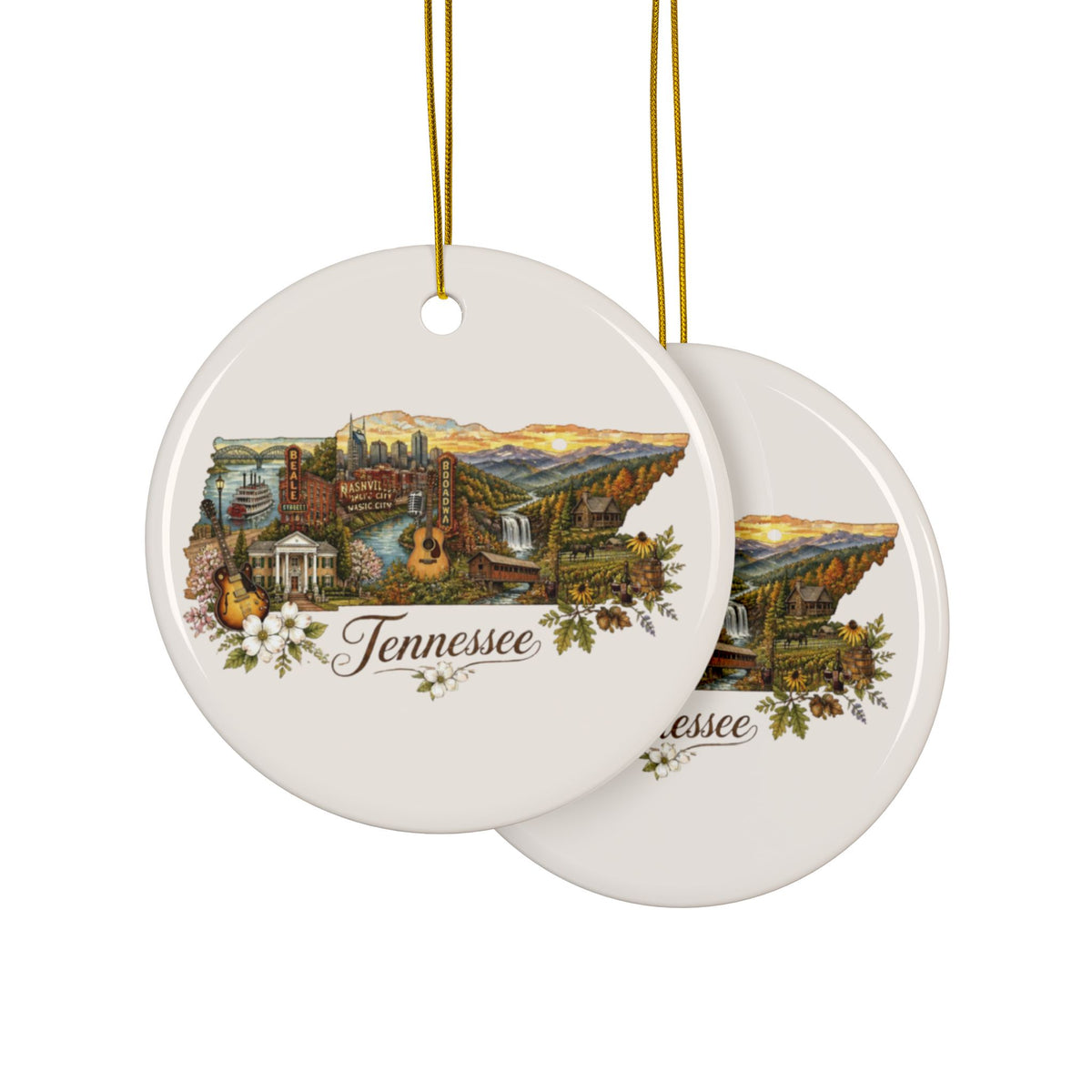 Tennessee Collage Ceramic Ornament | State Landmark Round Ornament - 2.99" Includes Gold String