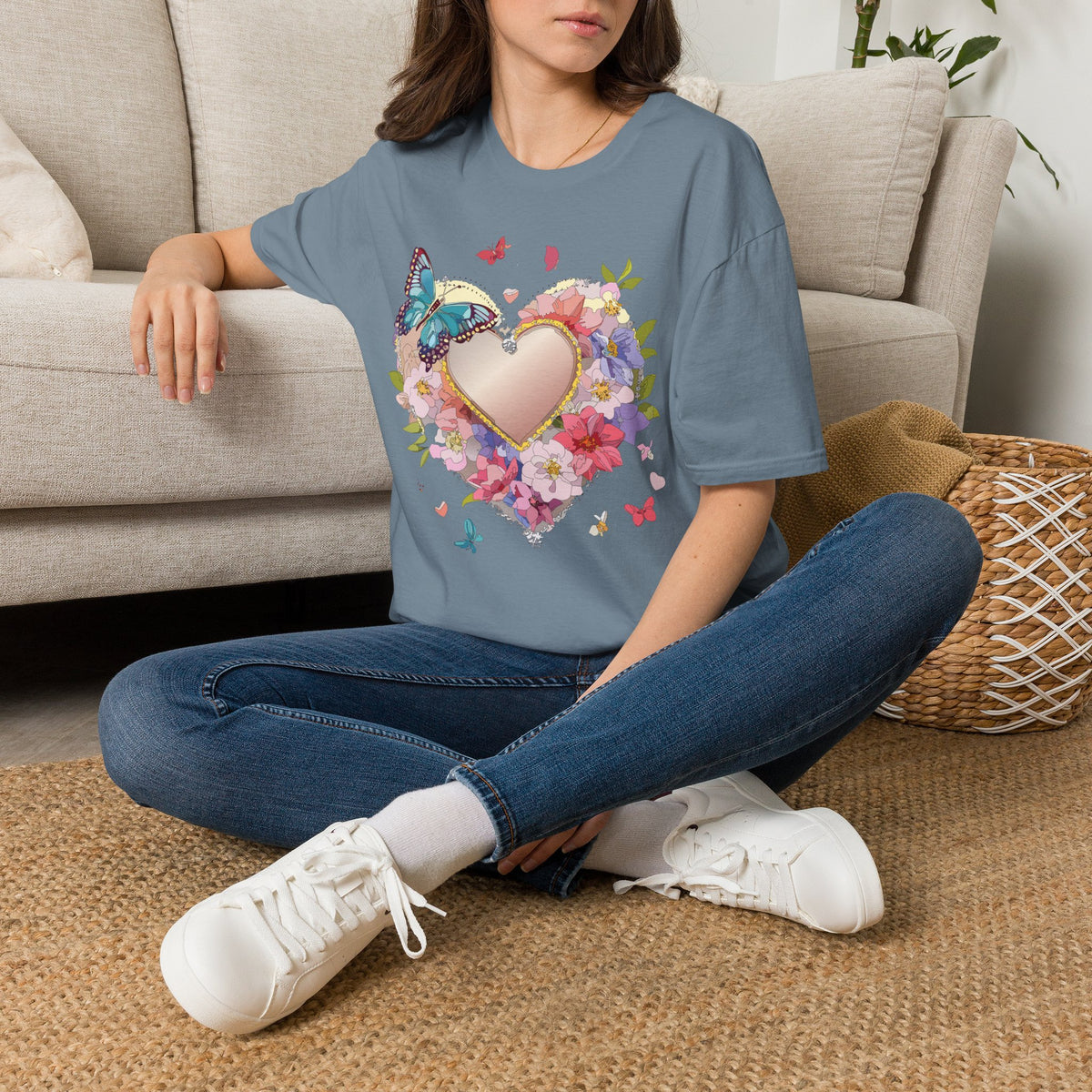 Butterfly Floral Heart Pink Gold Heart with Flowers and Butterflies Graphic Design Unisex 100 Cotton Gildan T-Shirt