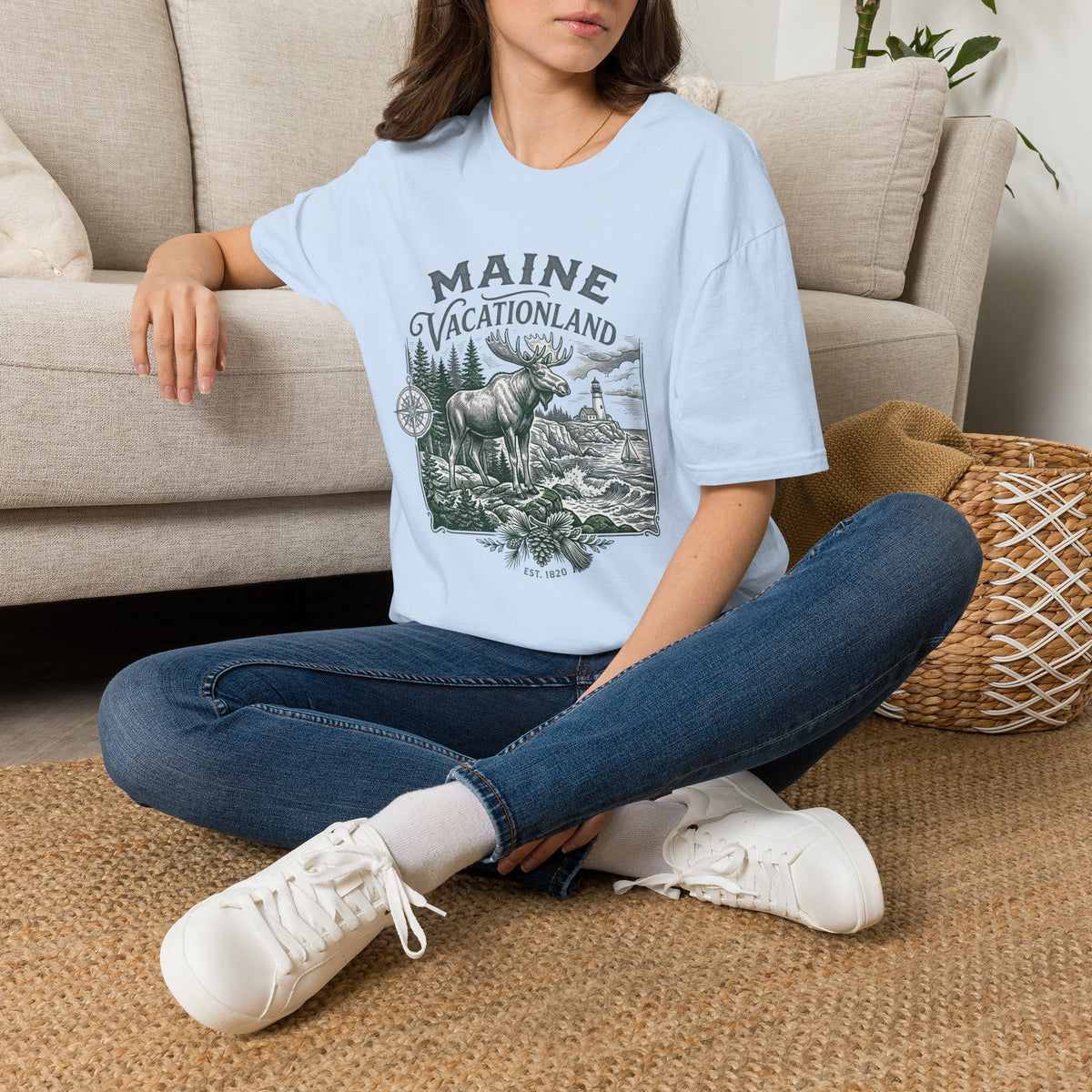 Maine Vacationland T-Shirt – Vintage Moose, Lighthouse State Travel Travel Tourist Graphic Design Unisex 100 Cotton Gildan T-Shirt