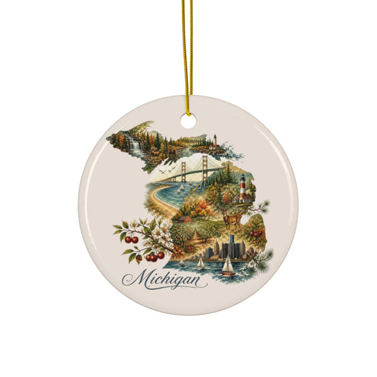 Michigan State Map Illustration Ceramic Ornament | Round Two-Sided Hanging - 2.99" Includes Gold String
