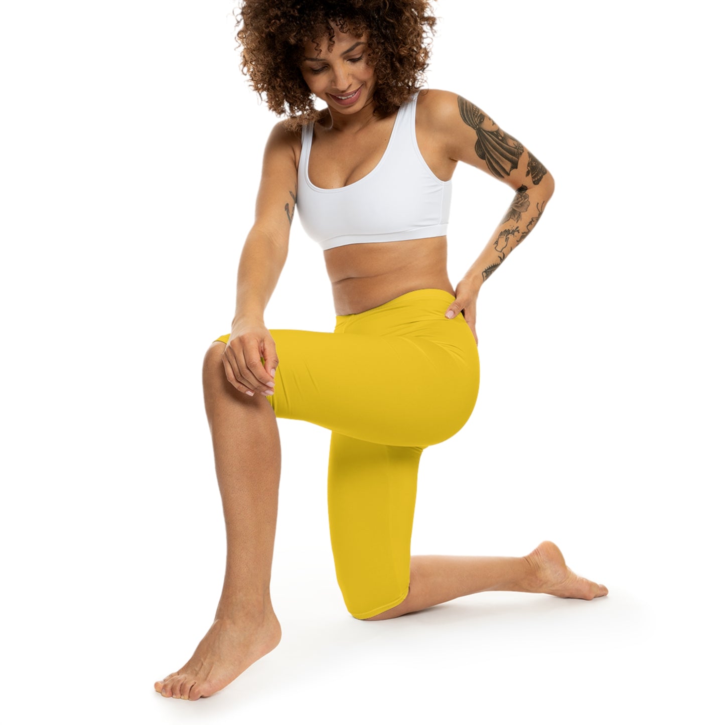 Golden Yellow Color Women's Brushed Suede Poly Span Casual Capri Leggings XS-2XL