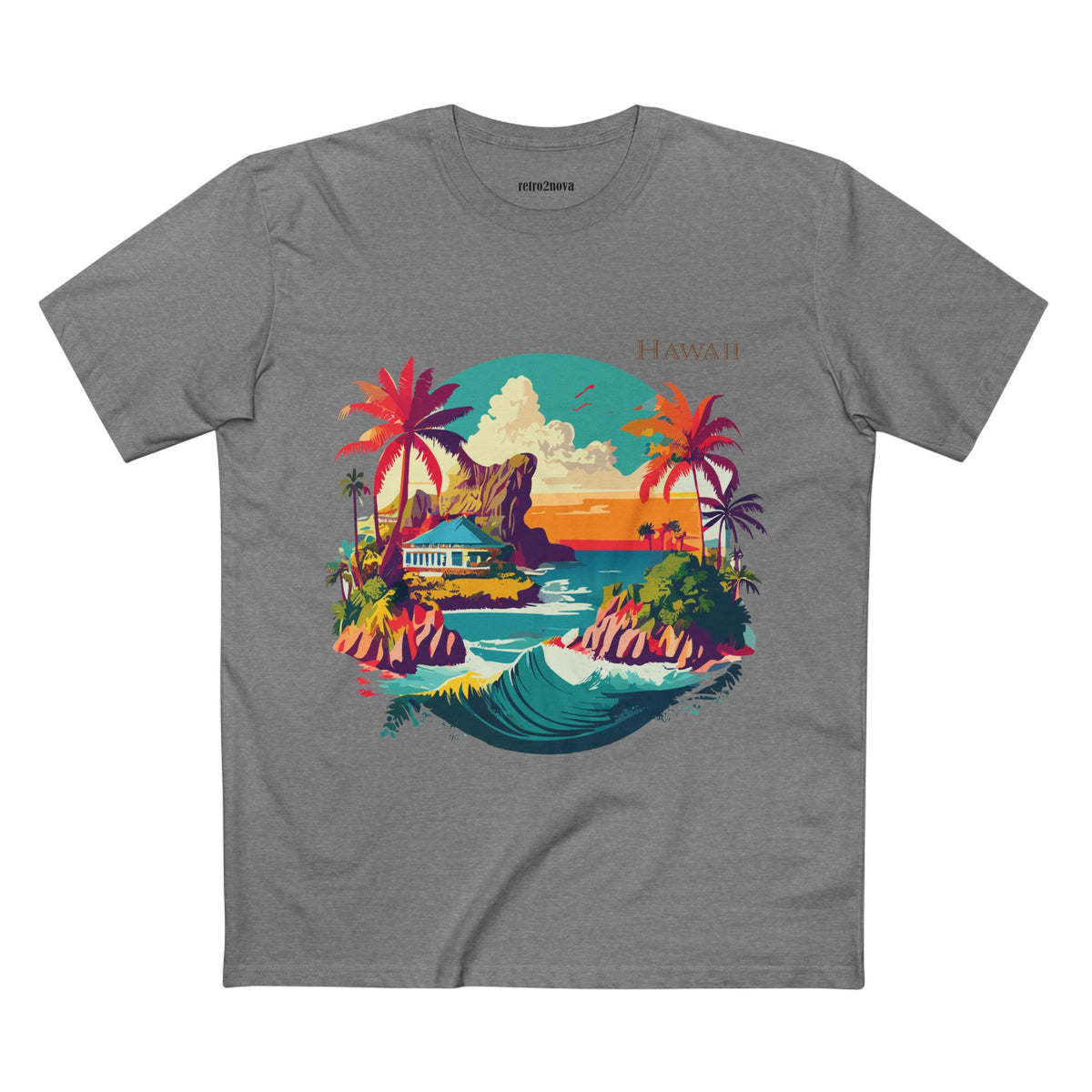 Hawaii Sunset Surf Scene T-Shirt | Tropical Beach Illustration