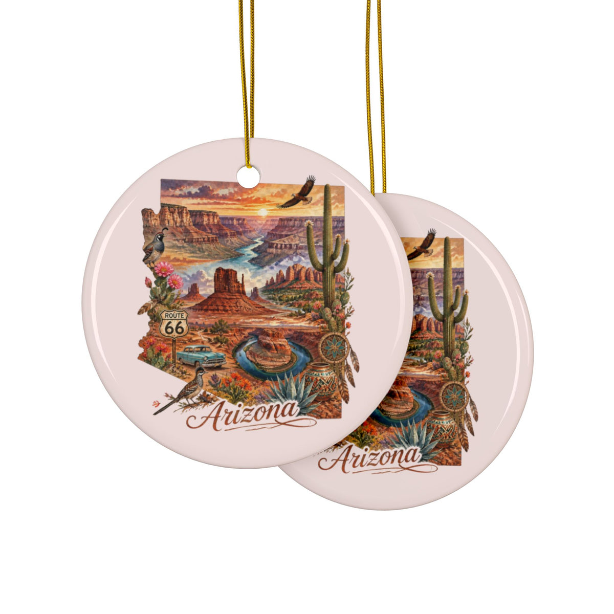 Arizona Desert Scene Ceramic Ornament -2.99" Includes Gold String | Route 66 Southwestern Landscape