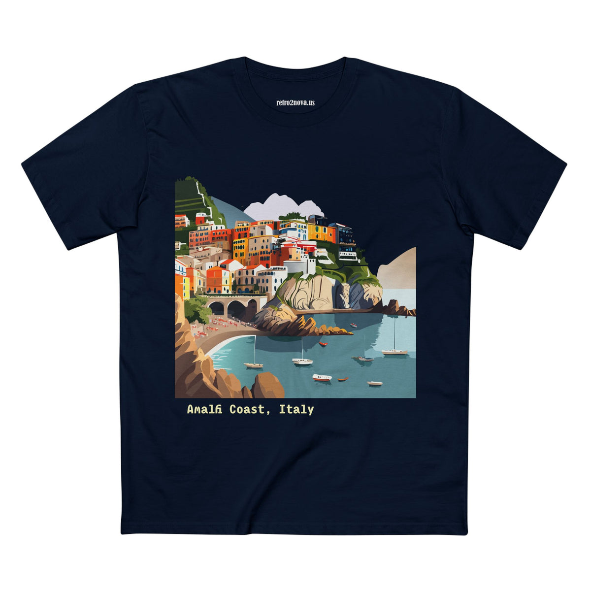 Amalfi Coast Italy illustration T-Shirt | Coastal village, sailboats, seaside print